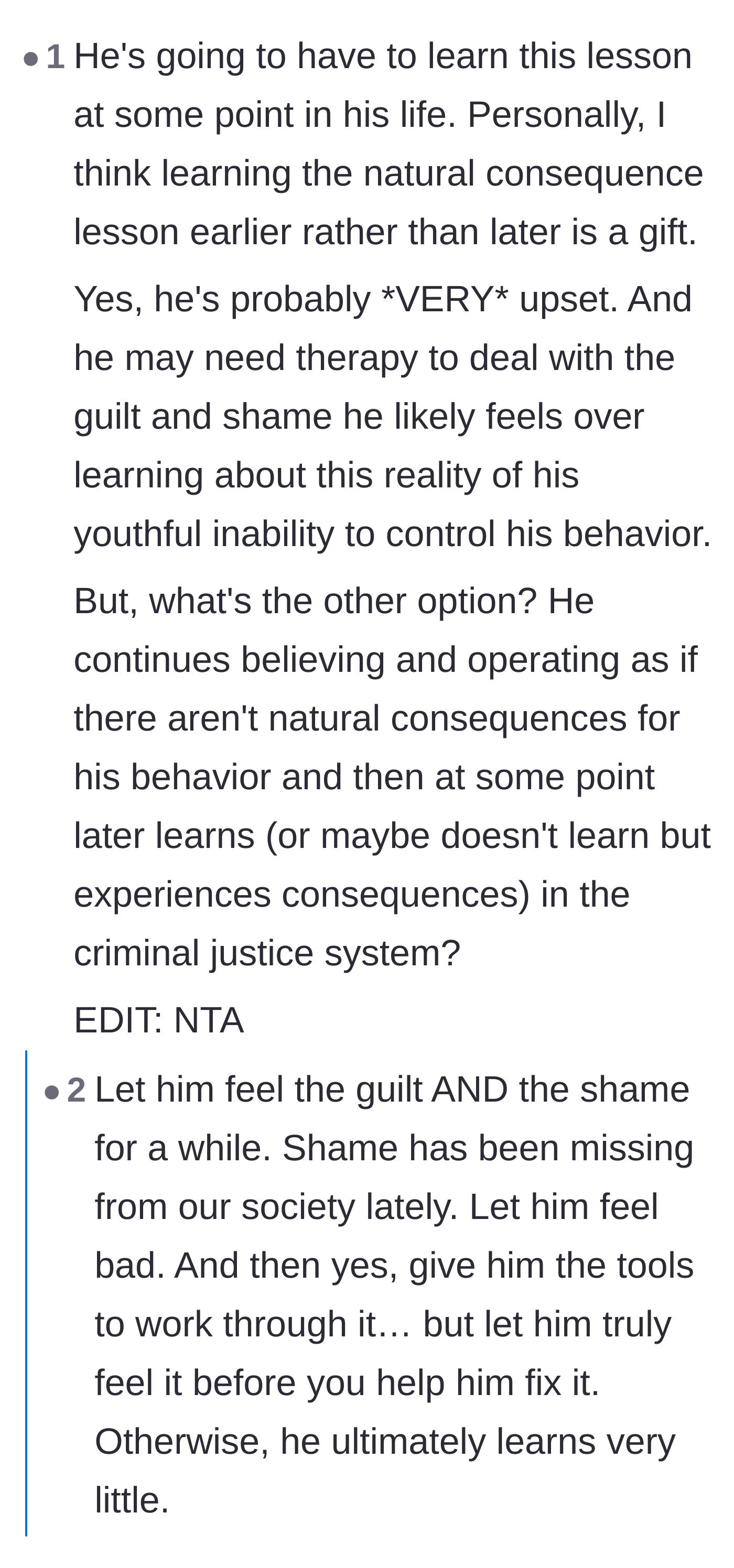 Comment thread 3 - A debate on the necessity of letting the boy feel guilt and shame so he can learn from his mistakes.