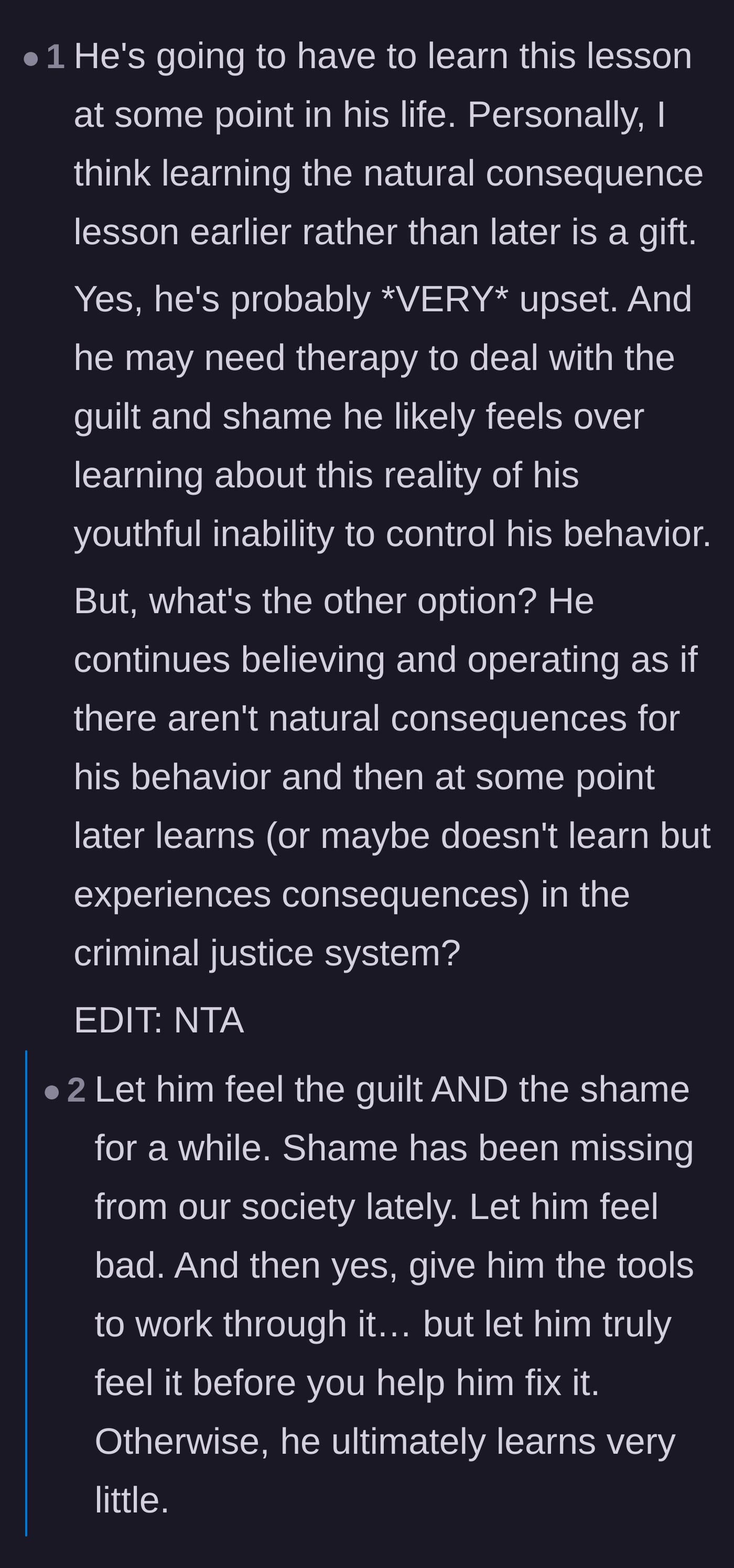 Comment thread 3 - A debate on the necessity of letting the boy feel guilt and shame so he can learn from his mistakes.