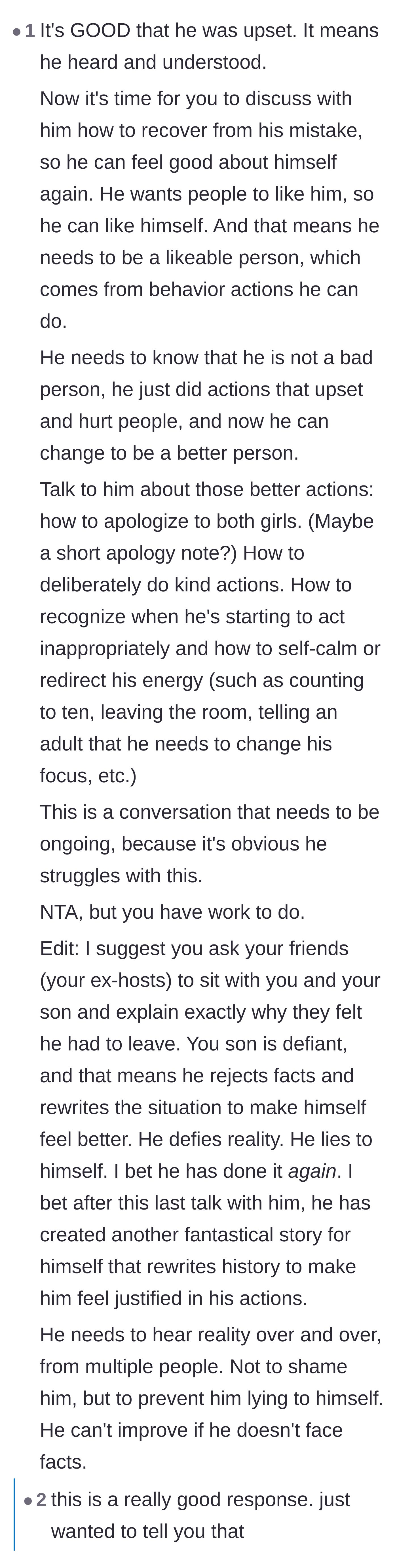 Comment thread 5 - Advice on helping the son navigate his guilt and find a path to making amends.