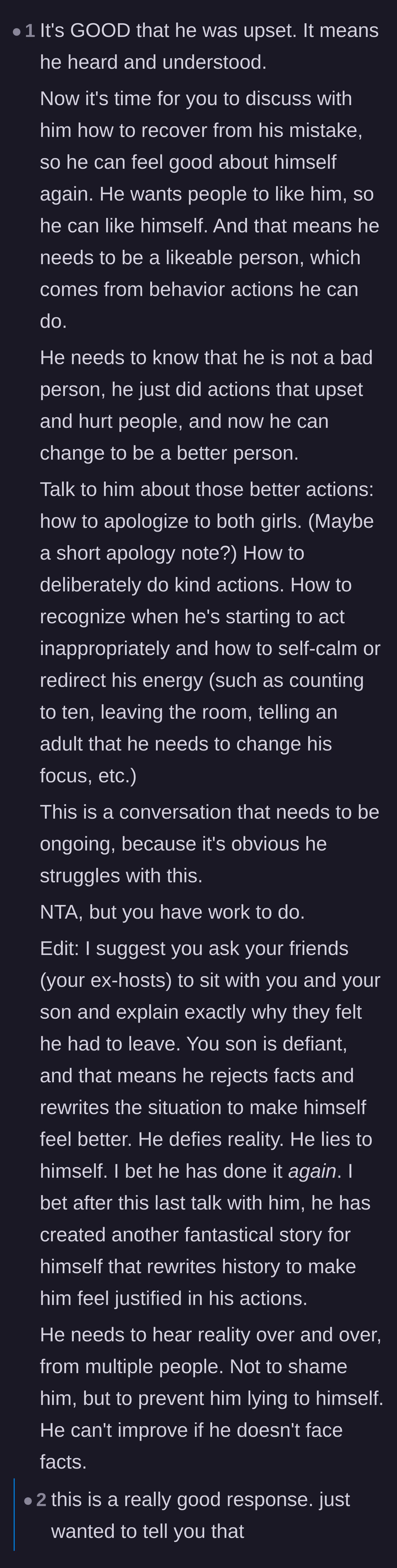 Comment thread 5 - Advice on helping the son navigate his guilt and find a path to making amends.