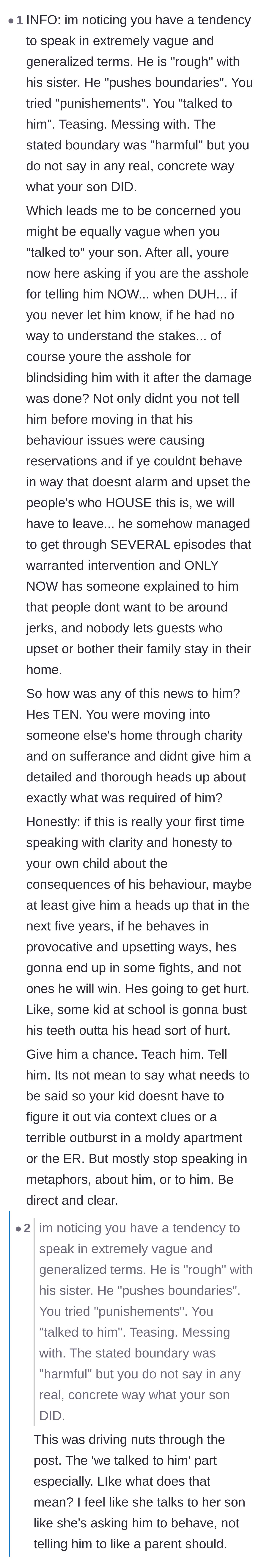 Comment thread 6 - Commenters analyzing the mother's vague language and suspecting the son's behavior was actually severe bullying.