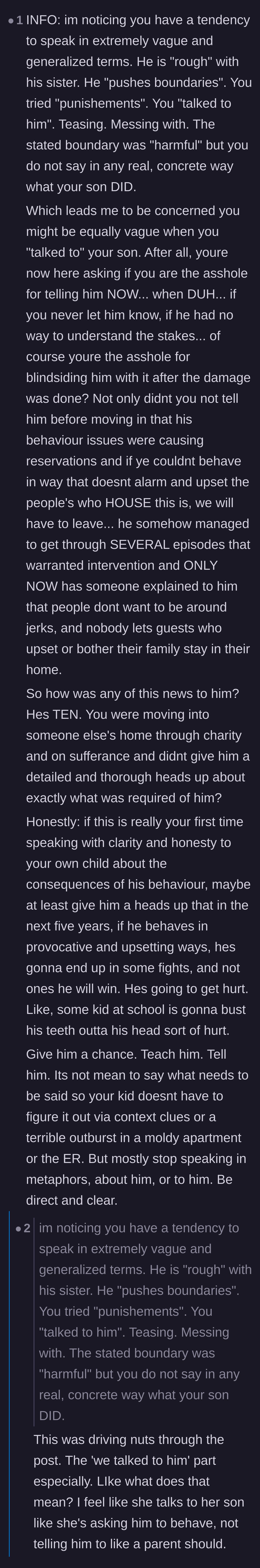 Comment thread 6 - Commenters analyzing the mother's vague language and suspecting the son's behavior was actually severe bullying.