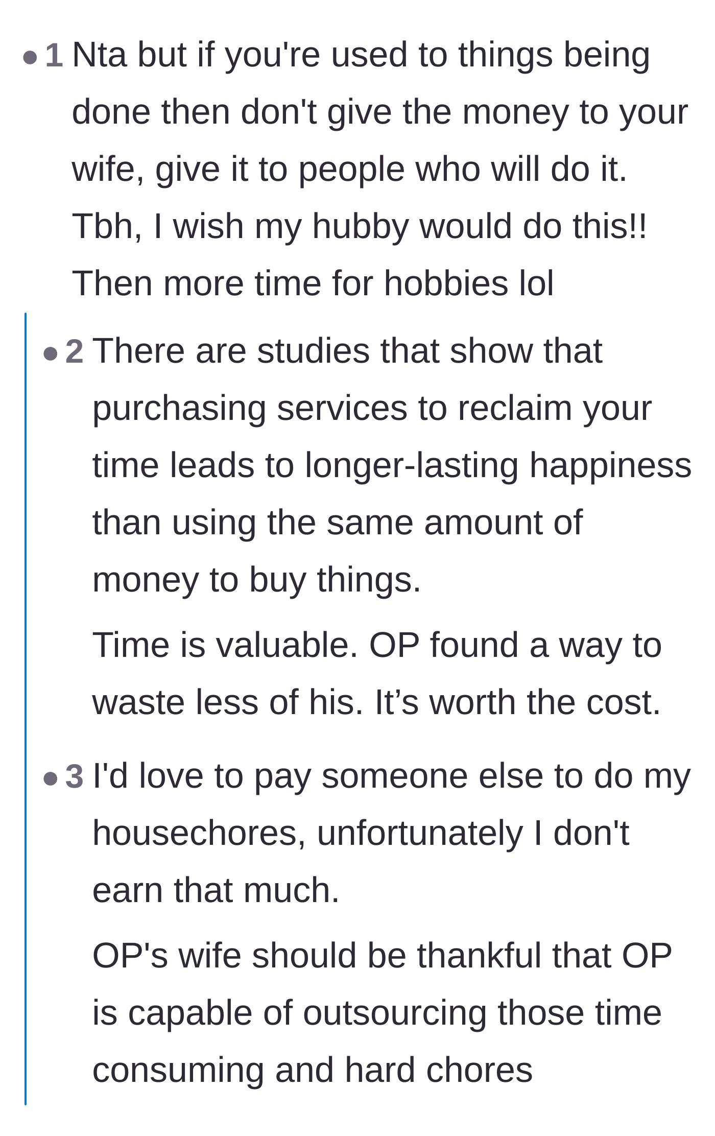 Comment thread 2 - A deep dive into the psychological value of outsourcing chores and the toxic dynamic of paying a spouse.
