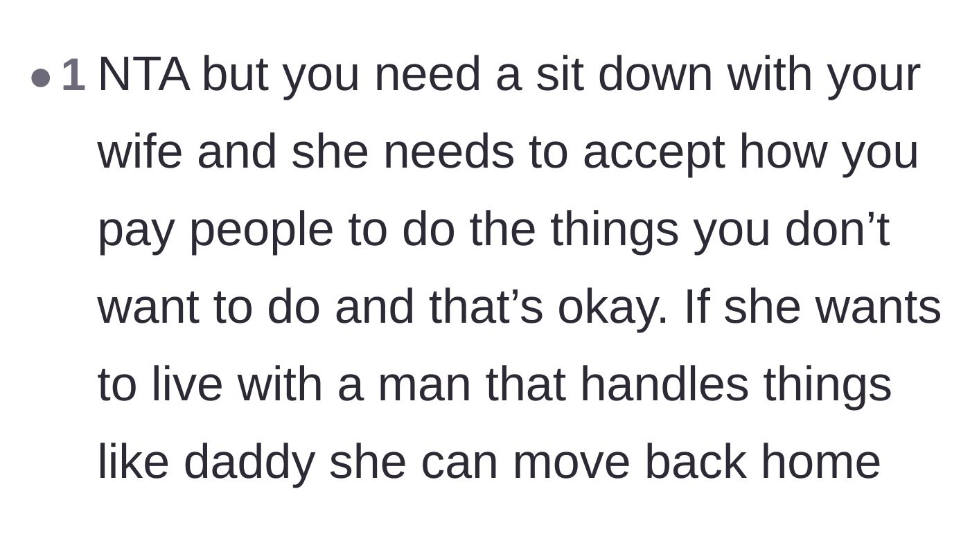 Comment thread 3 - Suggesting the husband confront his wife about her unrealistic expectations based on her father's habits.