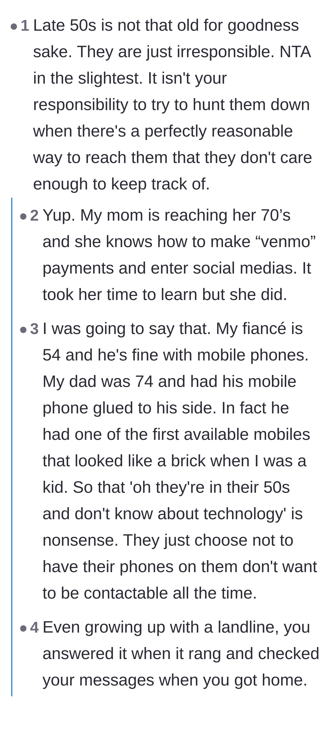 Comment thread 1 - Commenters in their fifties and older debunking the myth that they are too old to use cell phones.