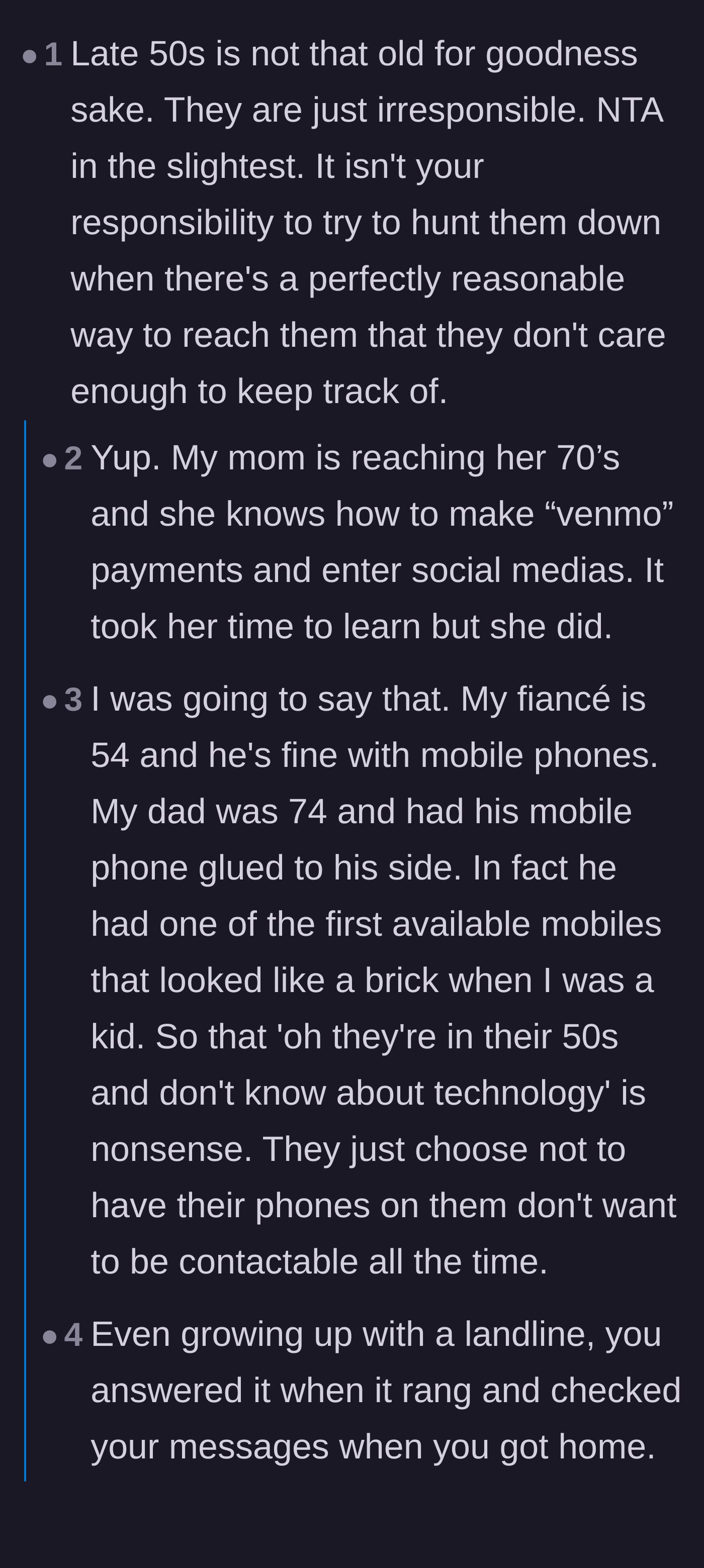 Comment thread 1 - Commenters in their fifties and older debunking the myth that they are too old to use cell phones.