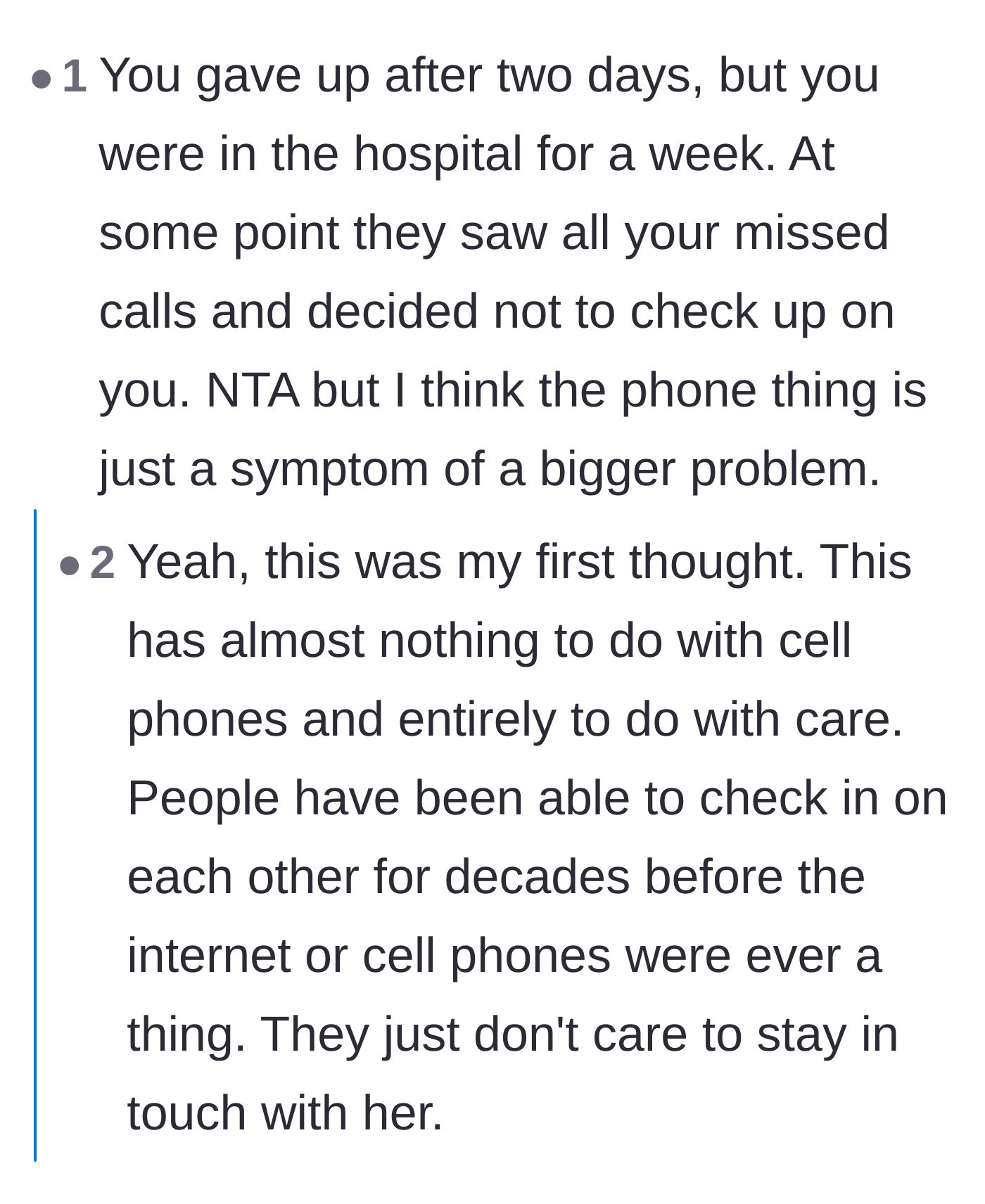 Comment thread 2 - A discussion about how ignoring phone calls for days is a symptom of a much deeper lack of care and emotional connection.