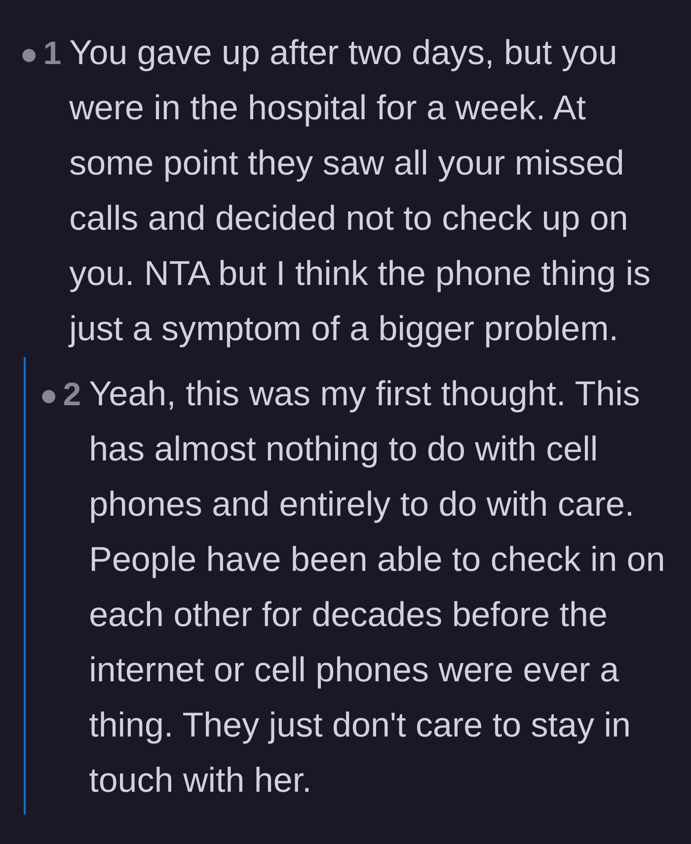 Comment thread 2 - A discussion about how ignoring phone calls for days is a symptom of a much deeper lack of care and emotional connection.