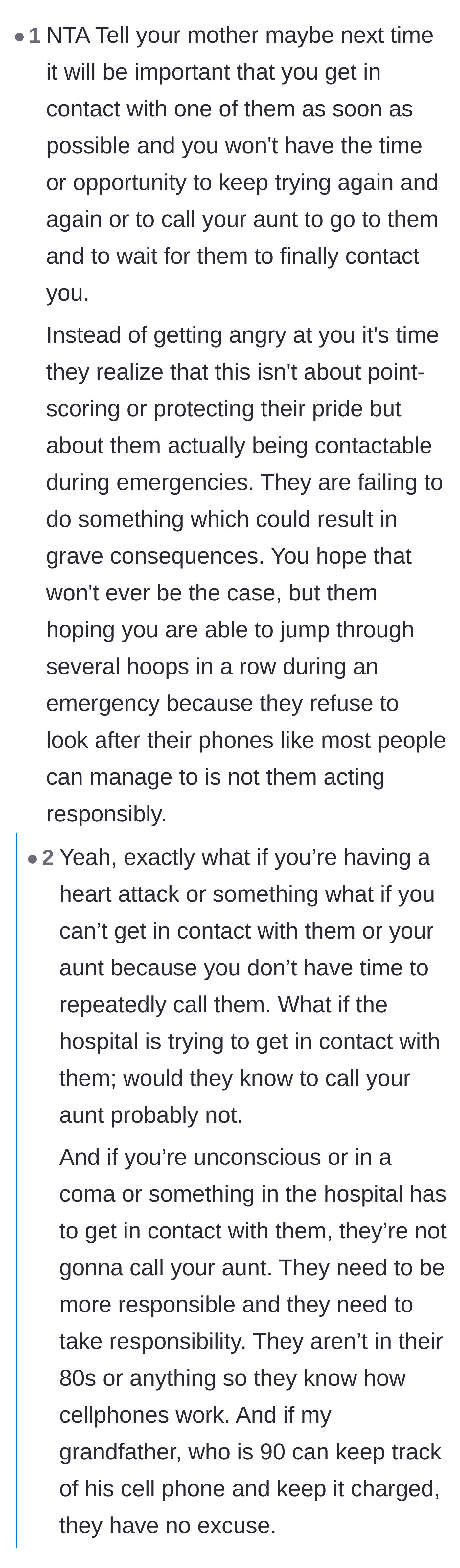 Comment thread 3 - Commenters pointing out that true medical emergencies don't leave time to hunt down an aunt to pass on a message.