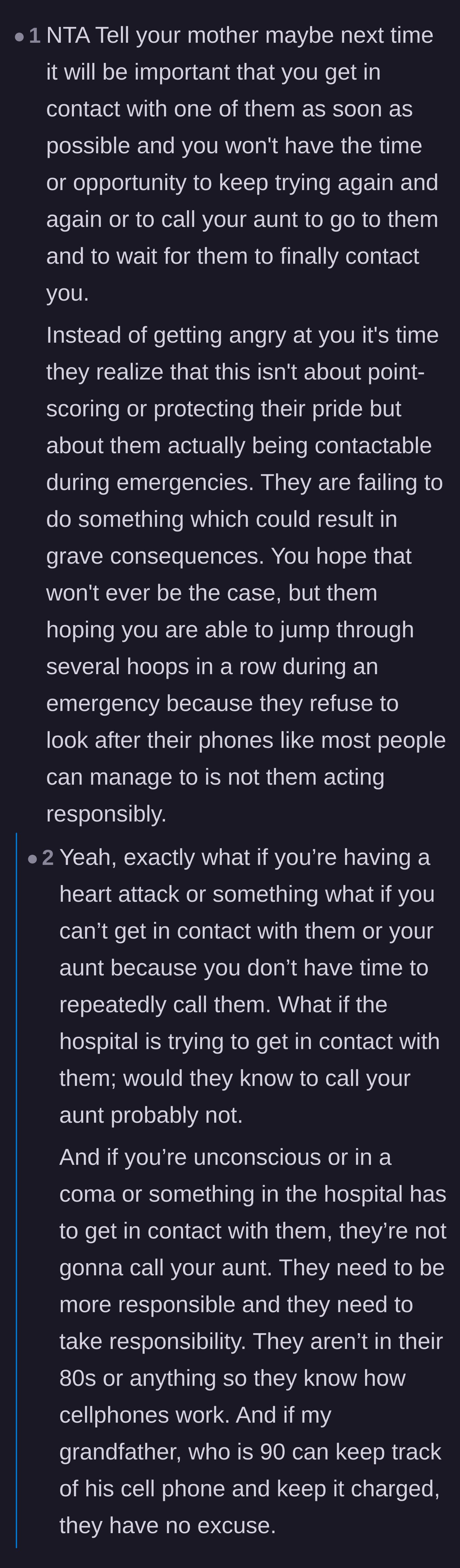 Comment thread 3 - Commenters pointing out that true medical emergencies don't leave time to hunt down an aunt to pass on a message.