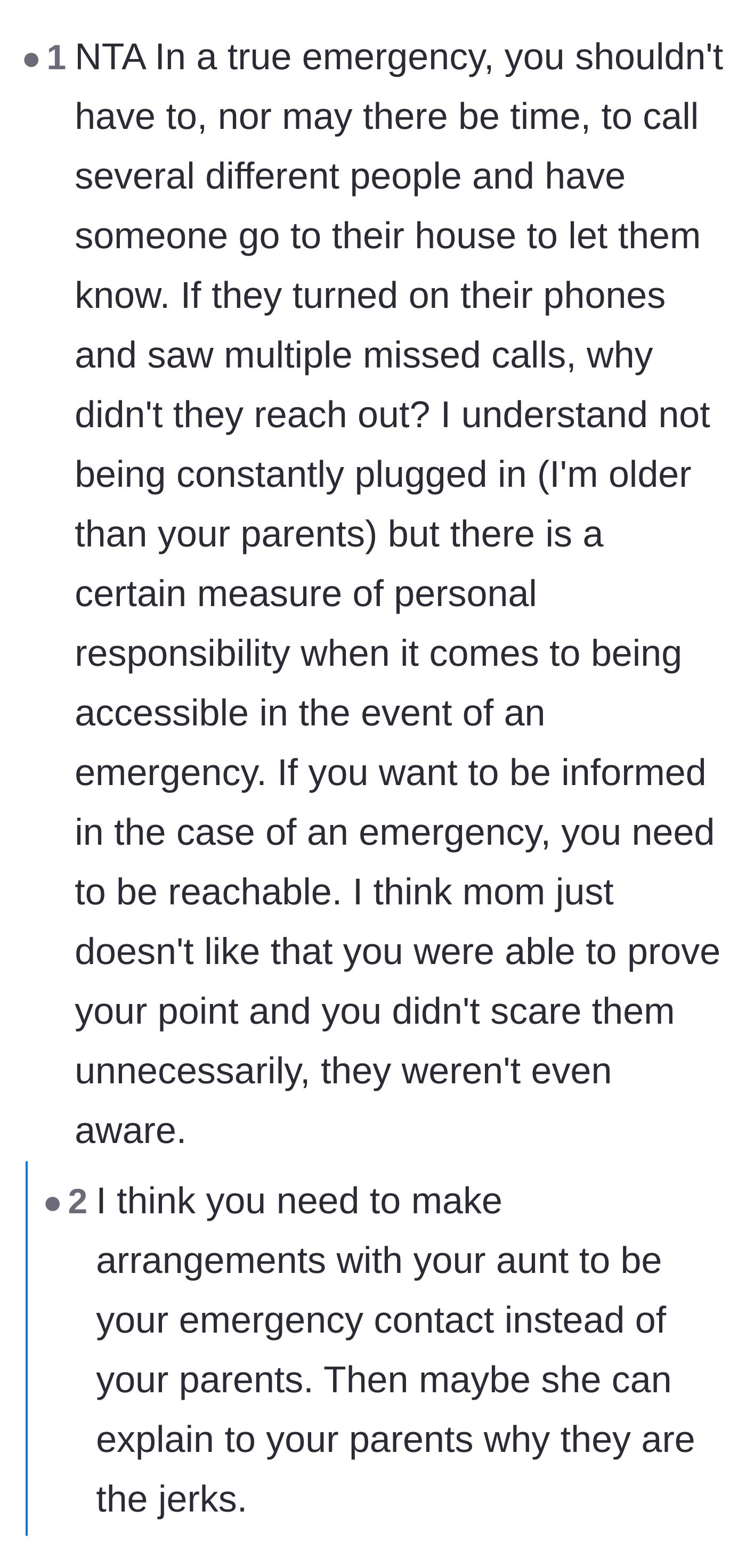 Comment thread 4 - A thread suggesting that the parents should no longer be listed as emergency contacts if they refuse to answer their phones.