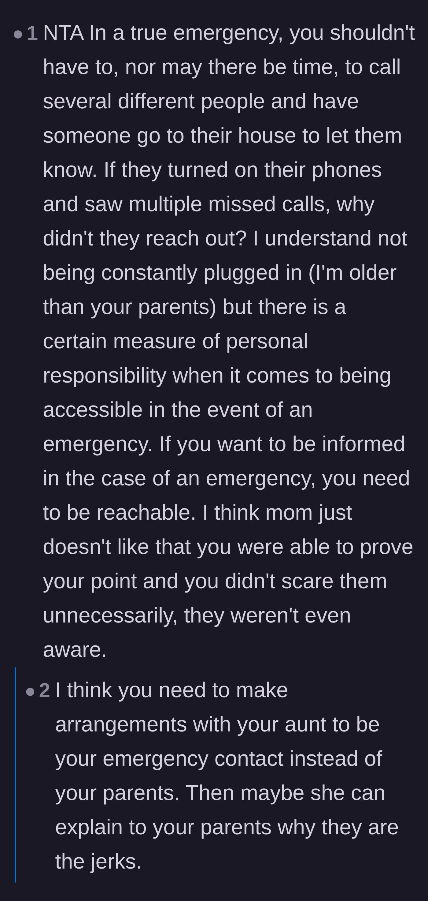 Comment thread 4 - A thread suggesting that the parents should no longer be listed as emergency contacts if they refuse to answer their phones.