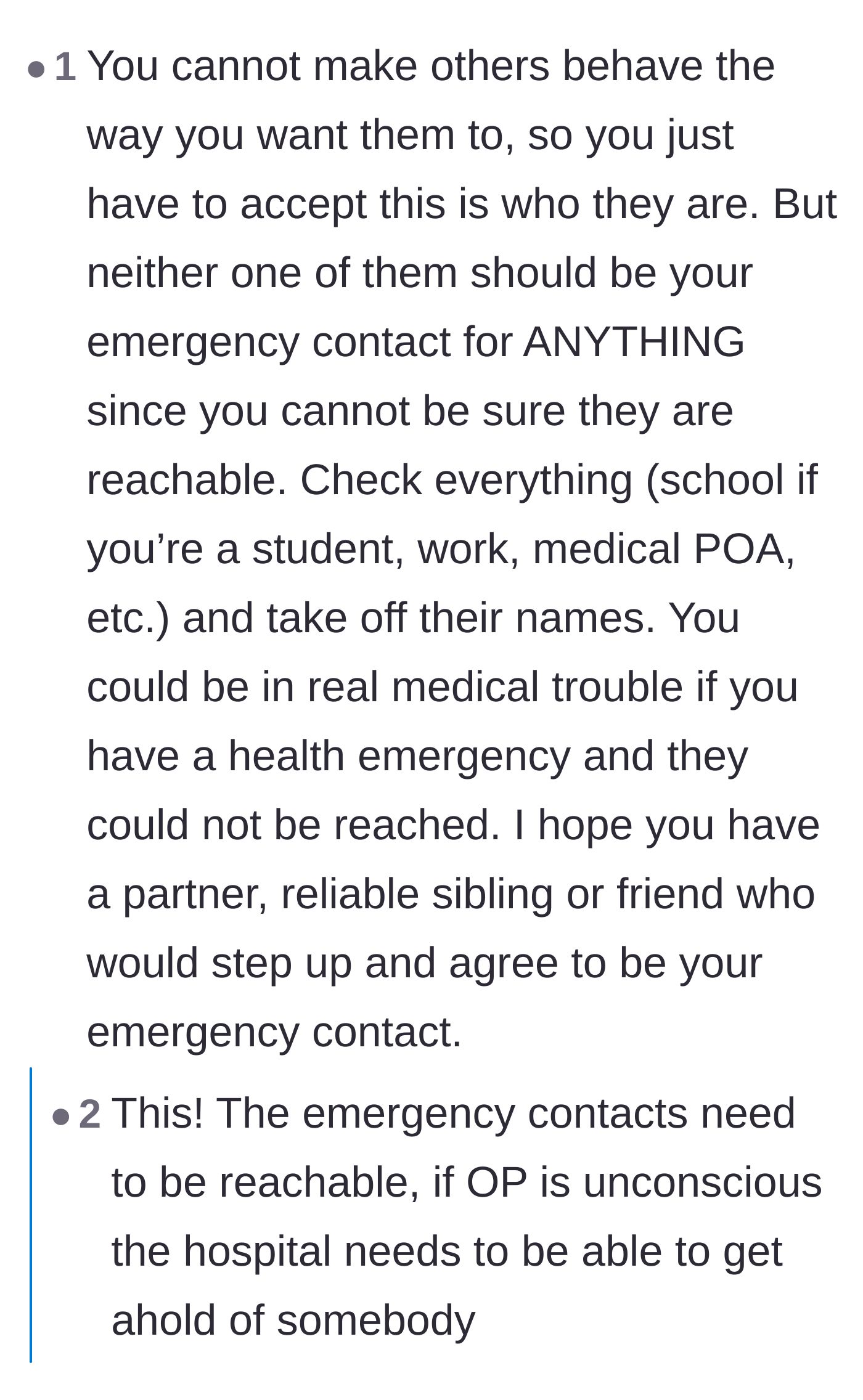Comment thread 5 - Advice on accepting the parents' behavior and officially removing them from all medical and professional contact lists.