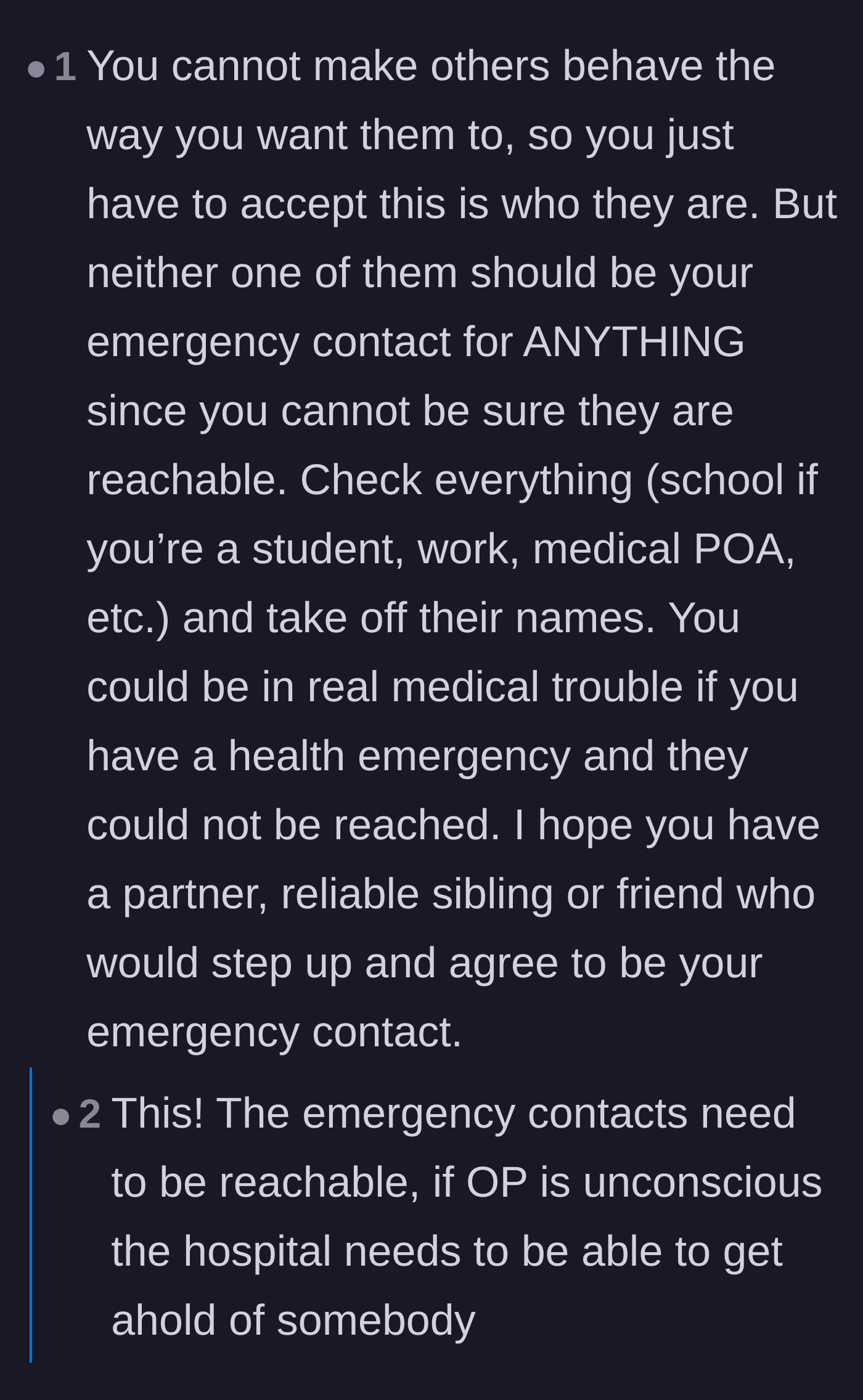 Comment thread 5 - Advice on accepting the parents' behavior and officially removing them from all medical and professional contact lists.