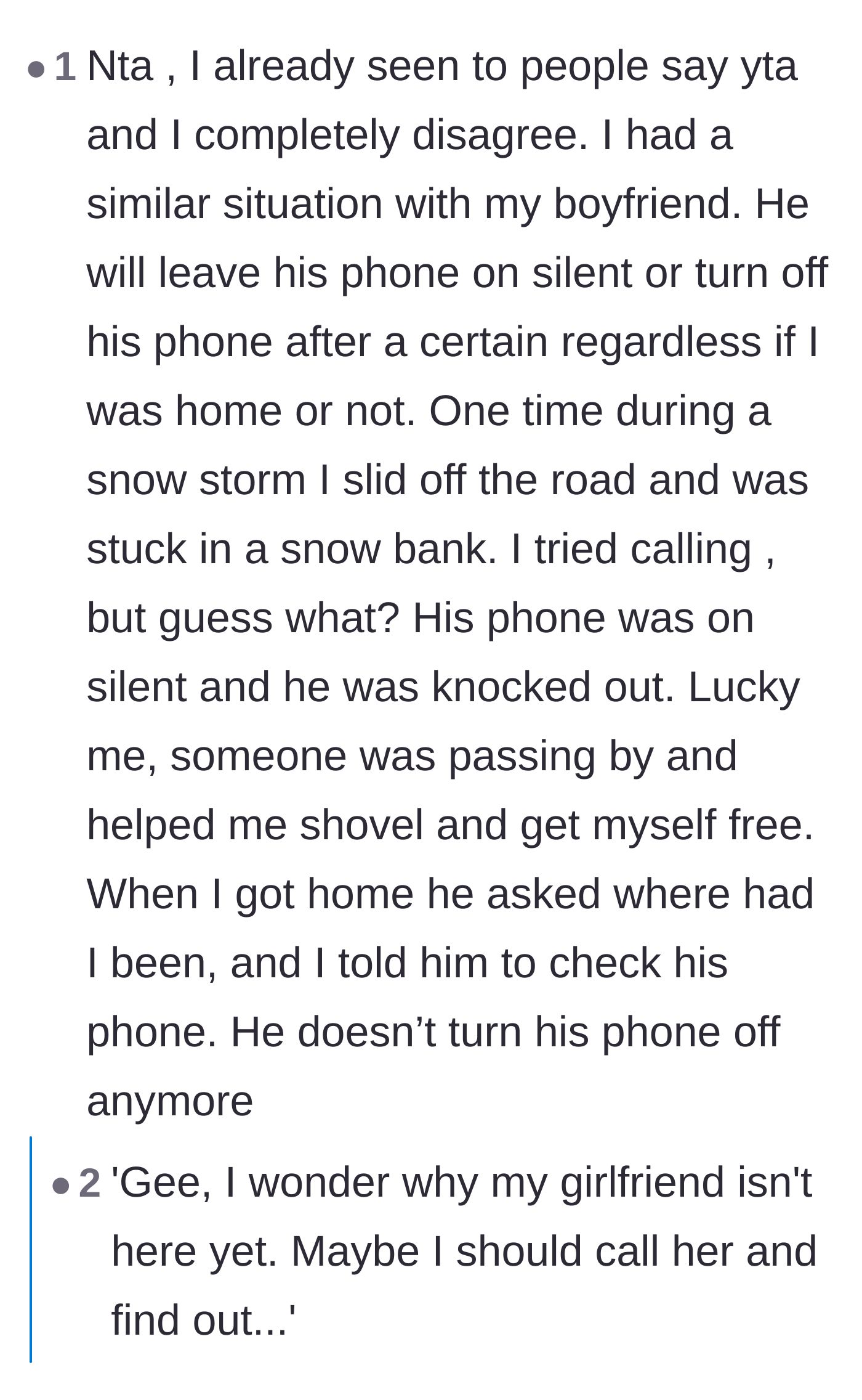 Comment thread 6 - A personal story from a commenter who was stranded in a snowstorm because their boyfriend turned his phone off.