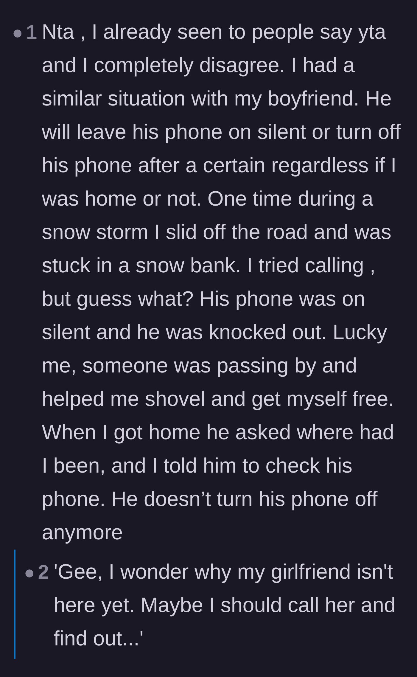 Comment thread 6 - A personal story from a commenter who was stranded in a snowstorm because their boyfriend turned his phone off.