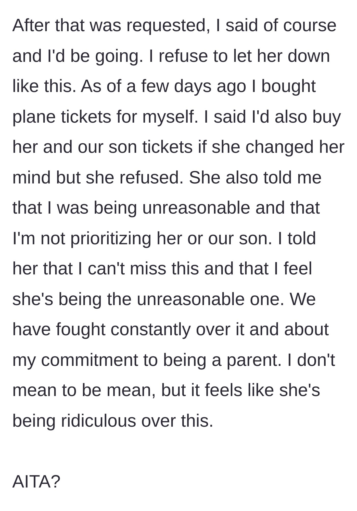 Story part 6 - The husband admits he bought only his own ticket and is now in a massive fight with his wife.