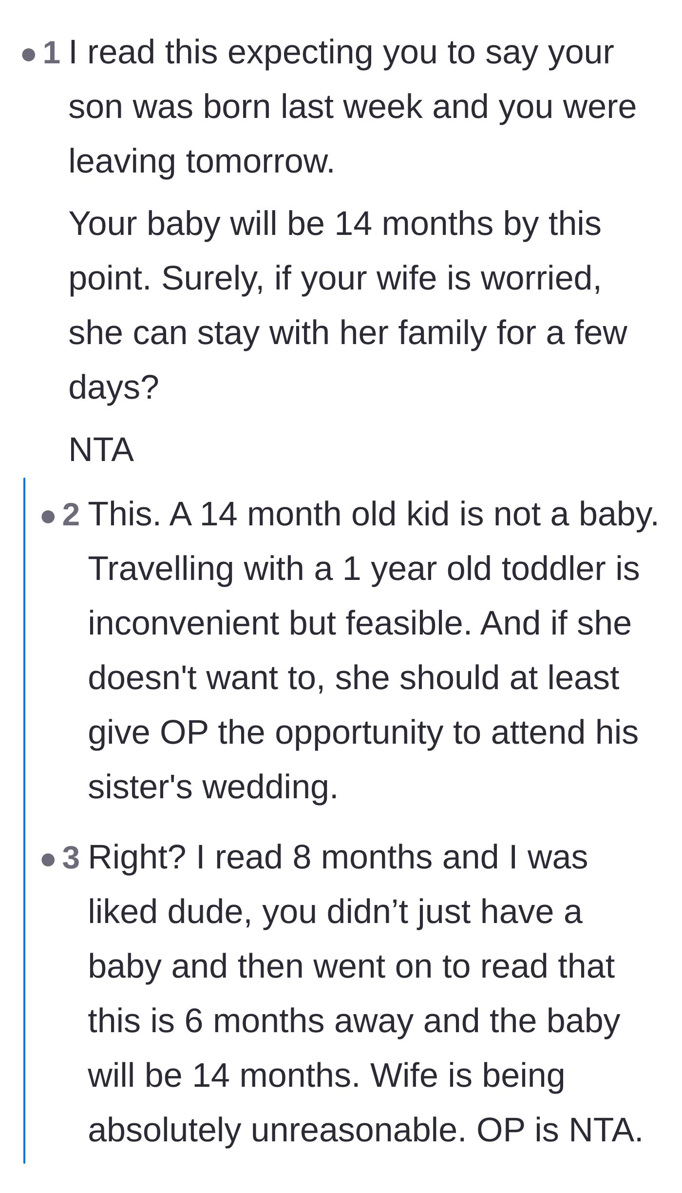Comment thread 3 - Commenters pointing out that a 14-month-old is a toddler and insisting travel is feasible.