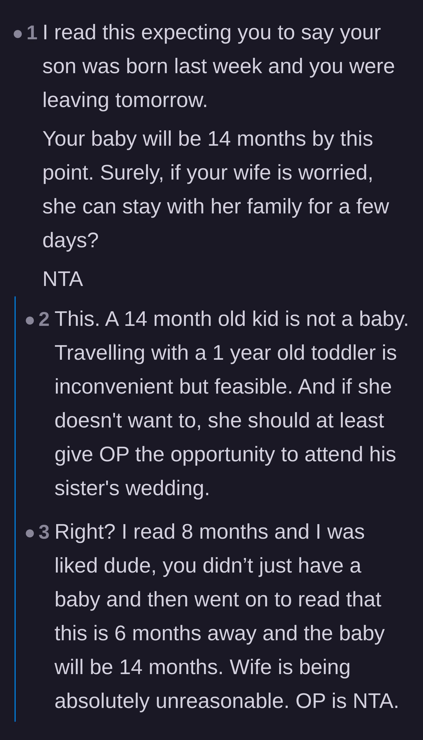 Comment thread 3 - Commenters pointing out that a 14-month-old is a toddler and insisting travel is feasible.