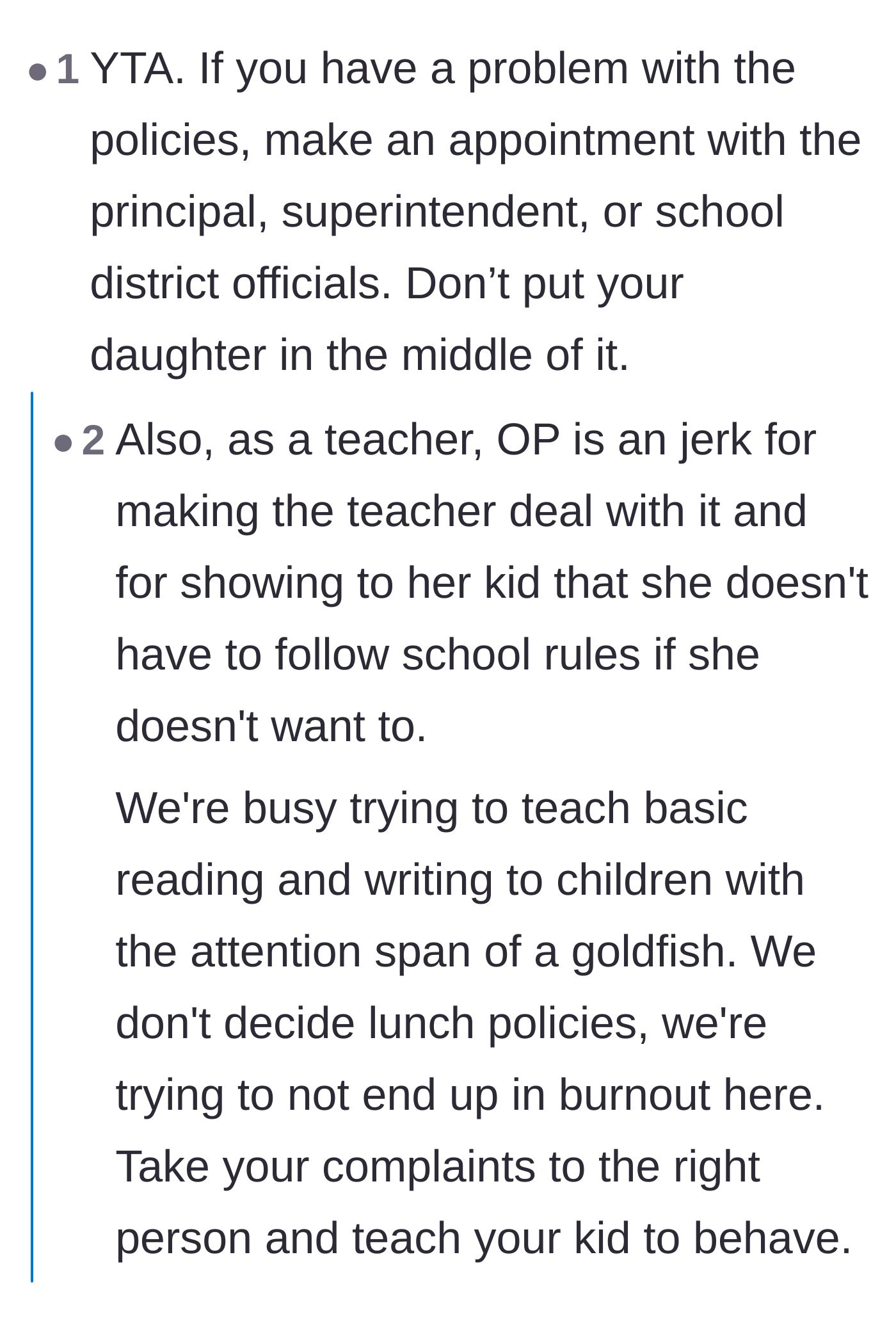 Comment thread 1 - A debate about how the mother forced the teacher into a corner and made her daughter take the fall instead of taking her complaints to the administration.