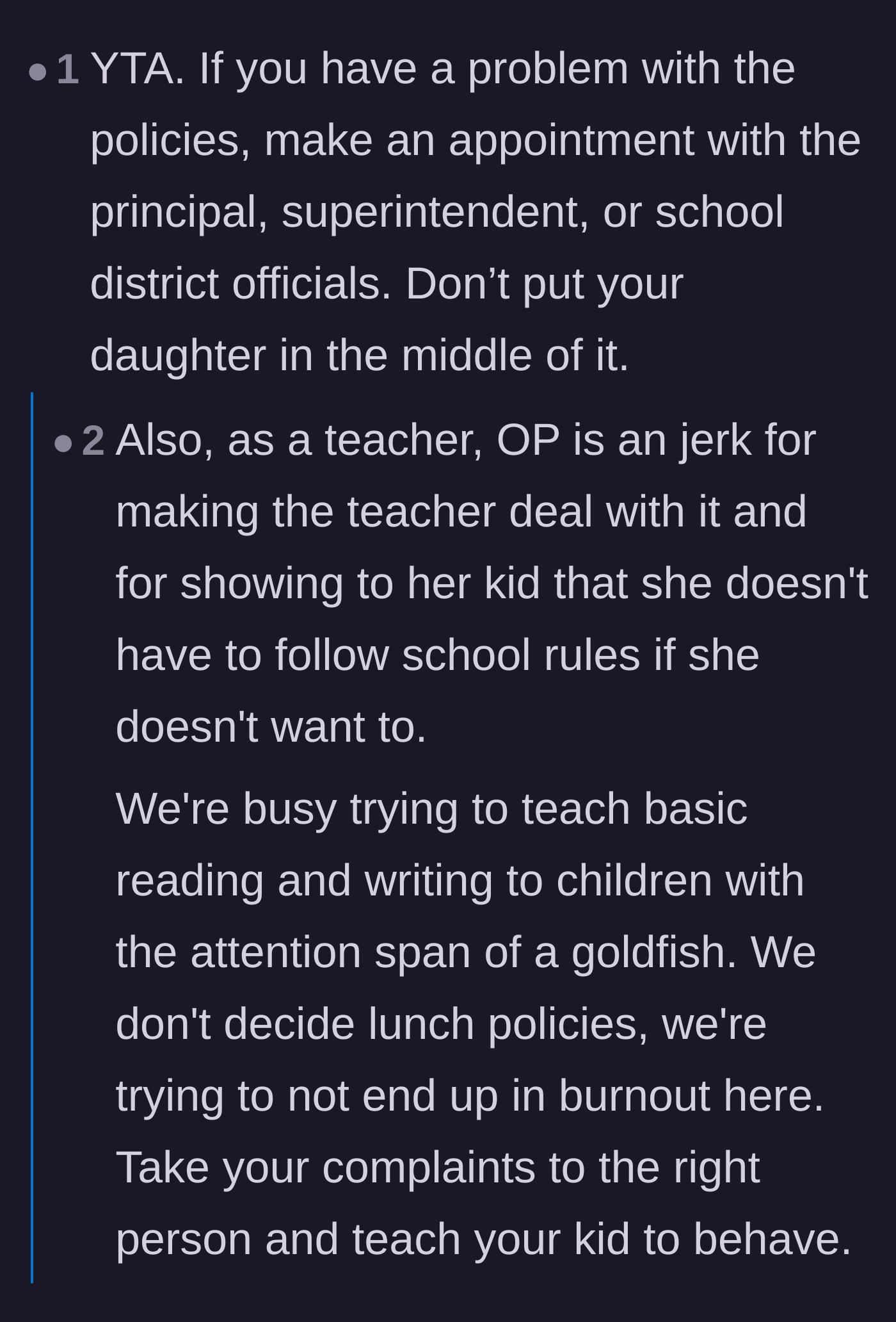 Comment thread 1 - A debate about how the mother forced the teacher into a corner and made her daughter take the fall instead of taking her complaints to the administration.