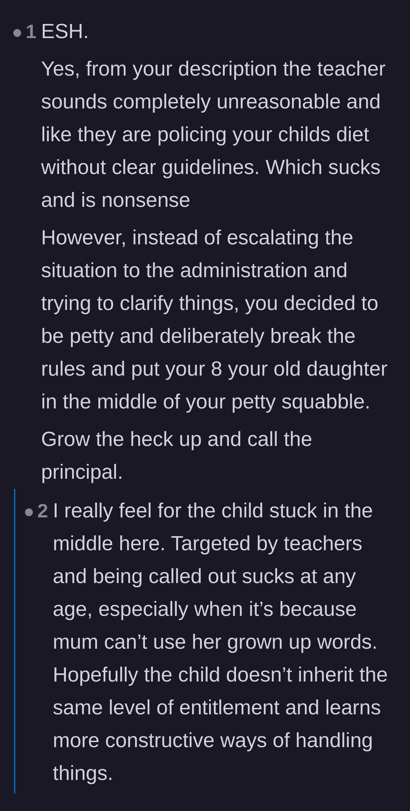 Comment thread 2 - Users agree the school's policy is unreasonable but call out the mother for being petty and causing her daughter unnecessary anxiety.