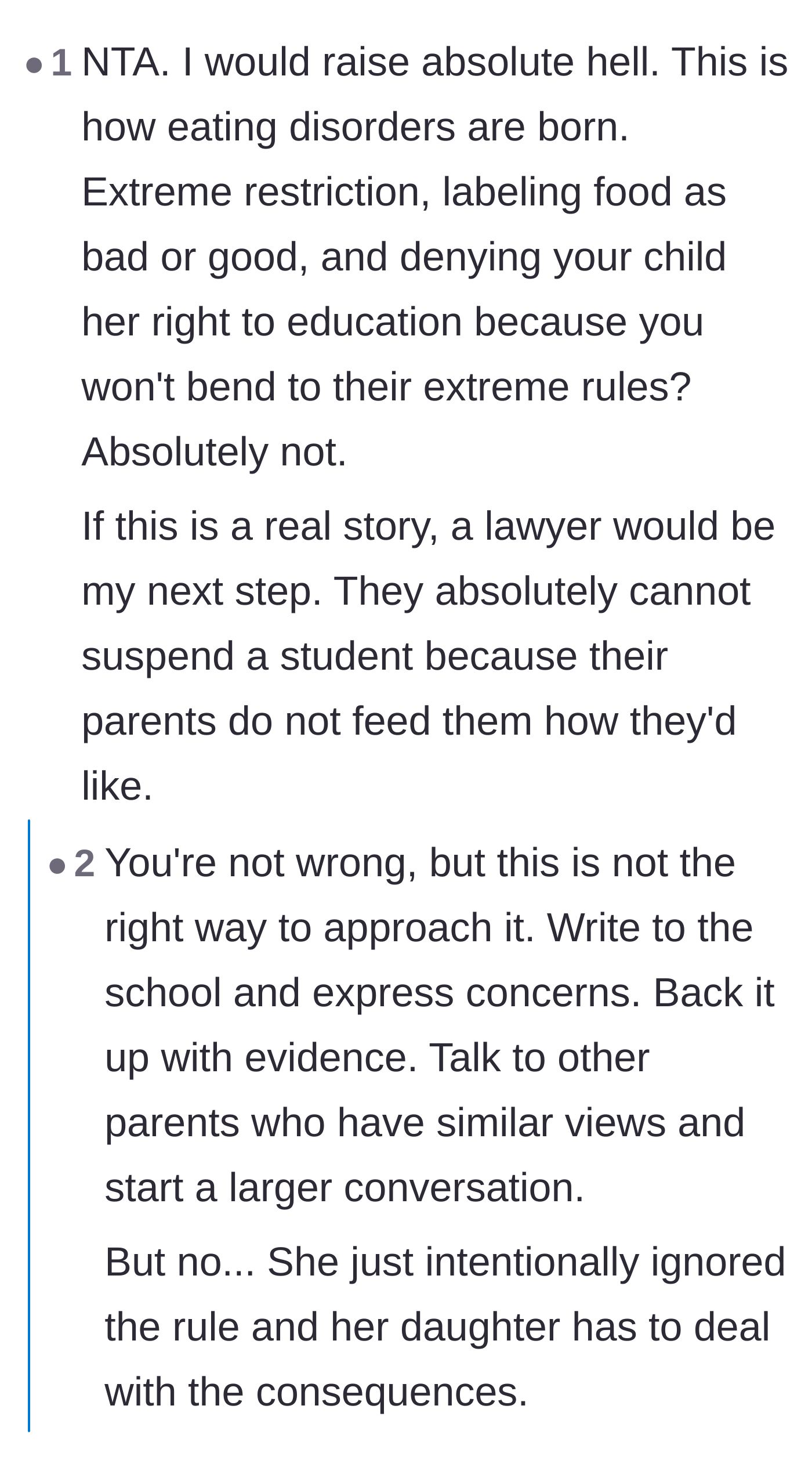 Comment thread 3 - A discussion on how strict food rules can cause eating disorders, though replies quickly pivot to criticize the mom for fighting the battle by sacrificing her daughter.
