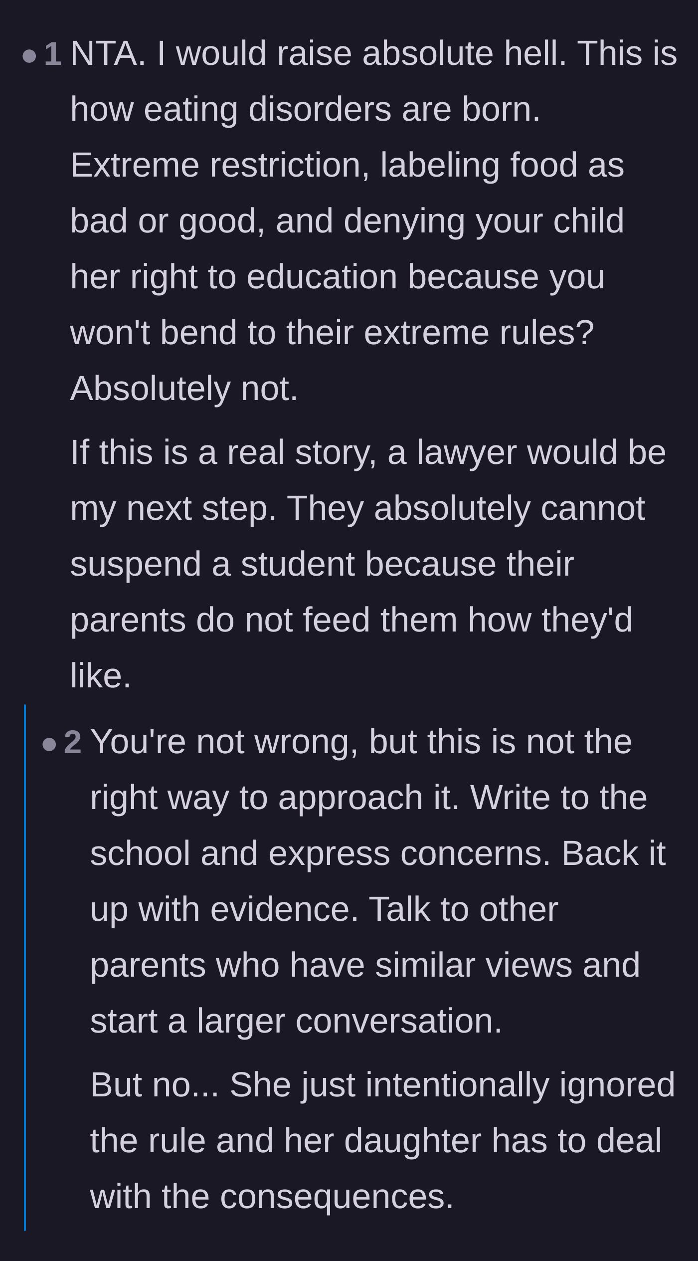 Comment thread 3 - A discussion on how strict food rules can cause eating disorders, though replies quickly pivot to criticize the mom for fighting the battle by sacrificing her daughter.