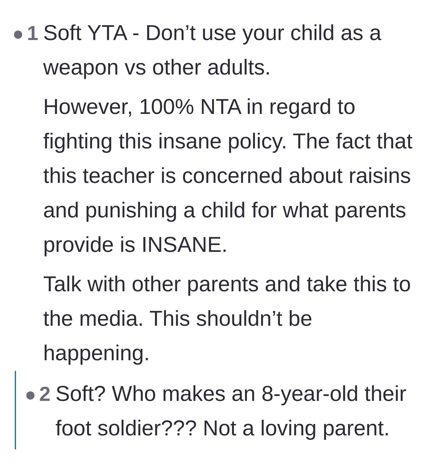 Comment thread 6 - A user gives a soft judgment against the mom while supporting her fight, but a reply questions how anyone could go soft on a parent using their kid as a foot soldier.