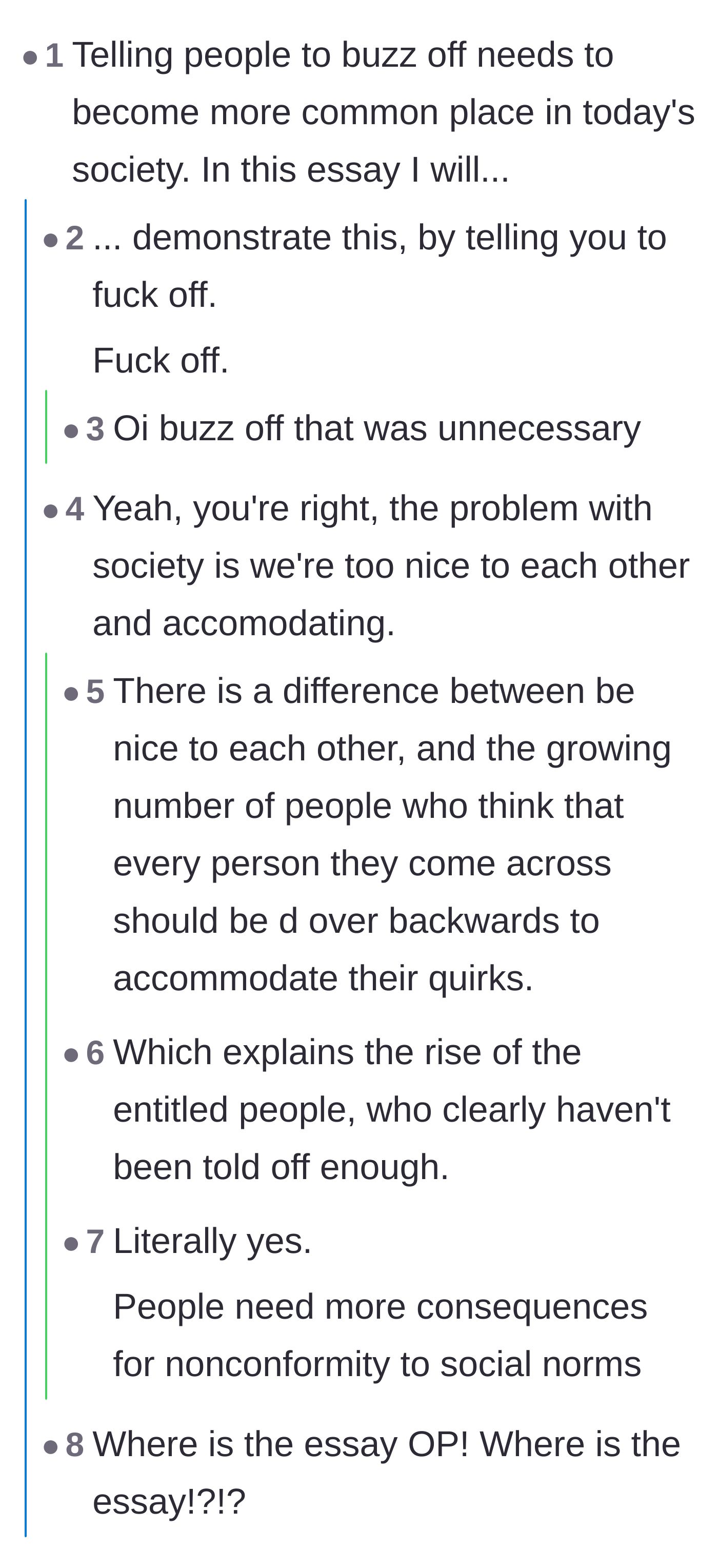 Comment thread 2 - Users jokingly write an essay on why telling people to step aside needs to be normalized.