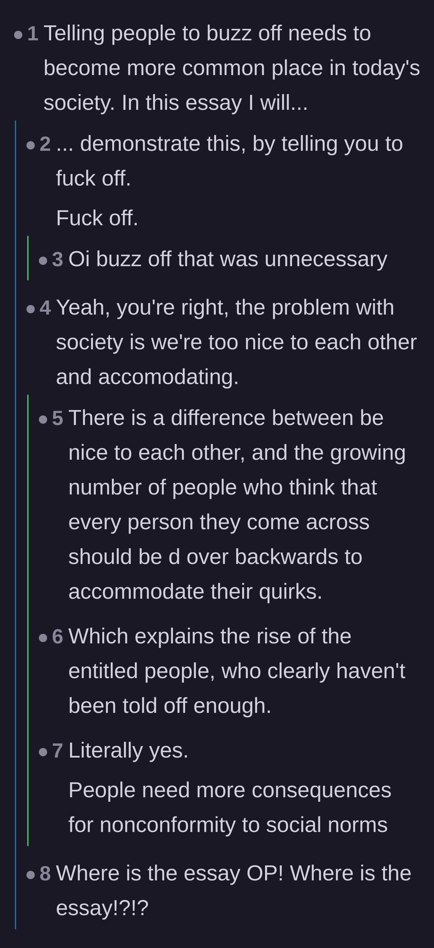Comment thread 2 - Users jokingly write an essay on why telling people to step aside needs to be normalized.
