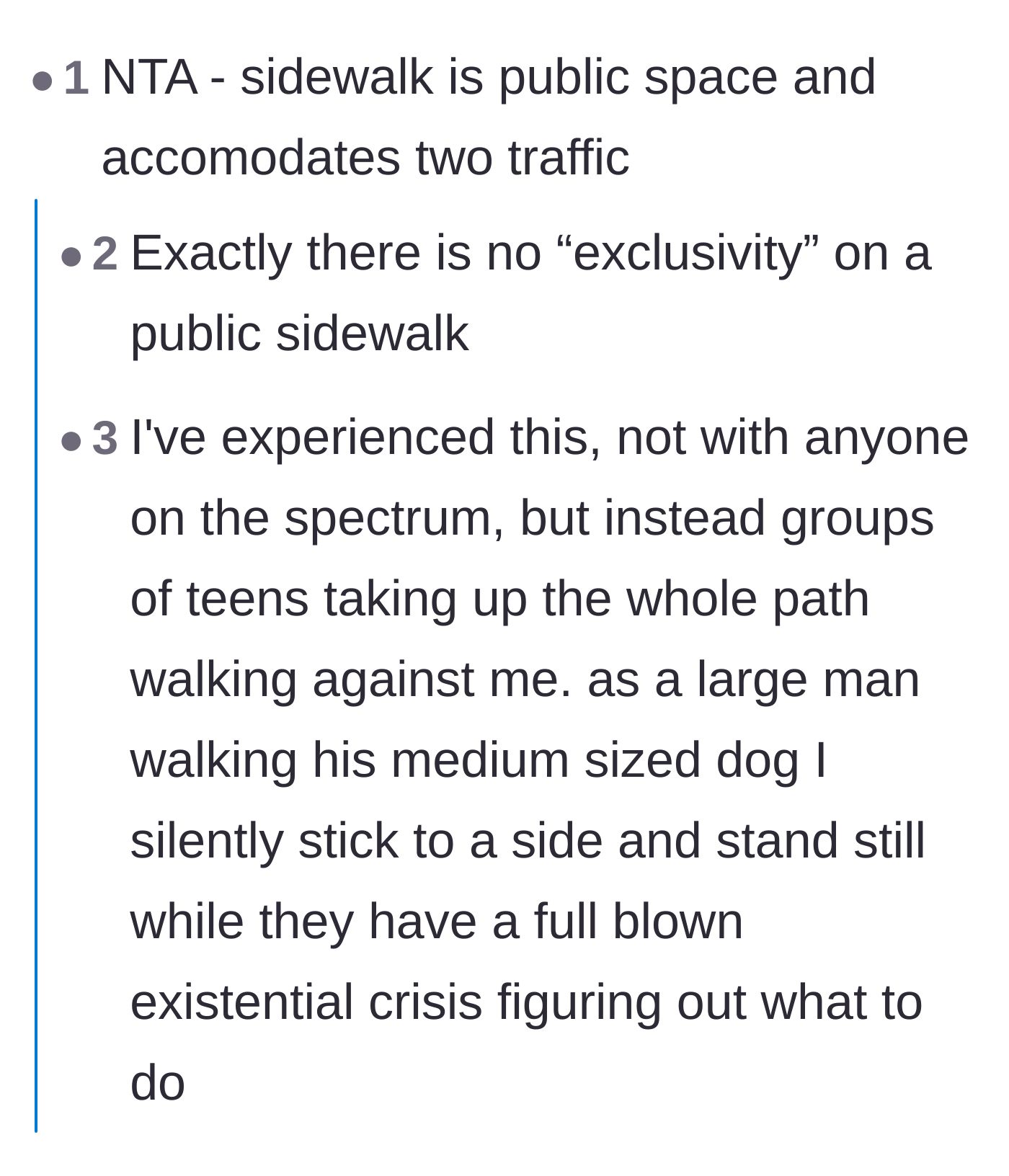 Comment thread 3 - A commenter shares a funny anecdote about standing completely still to force sidewalk hoggers to move.