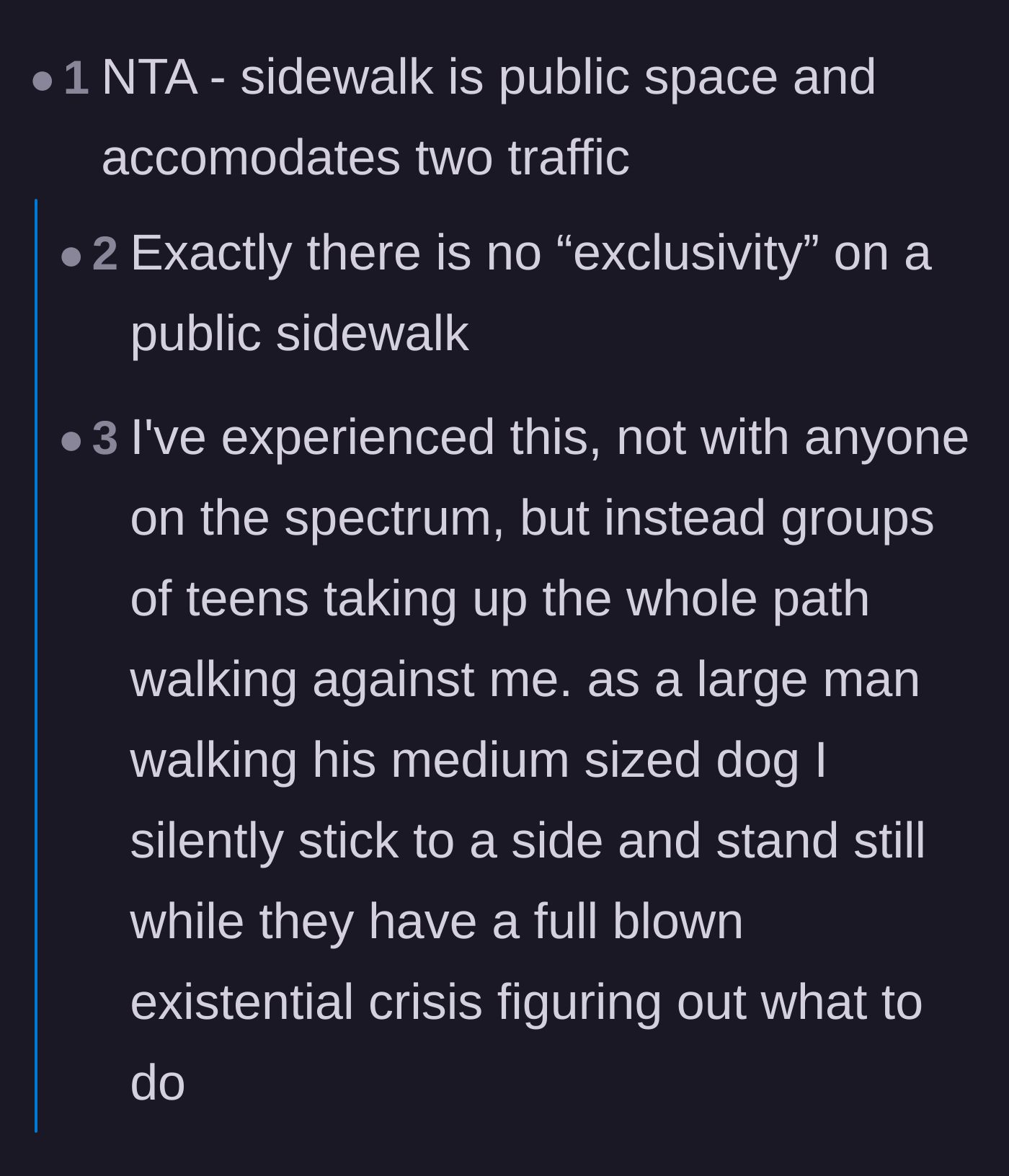 Comment thread 3 - A commenter shares a funny anecdote about standing completely still to force sidewalk hoggers to move.