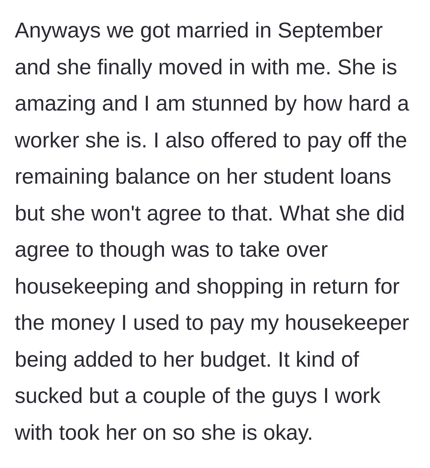 Story part 3 - The couple agreeing that the wife will take the housekeeper's budget in exchange for doing the chores herself.