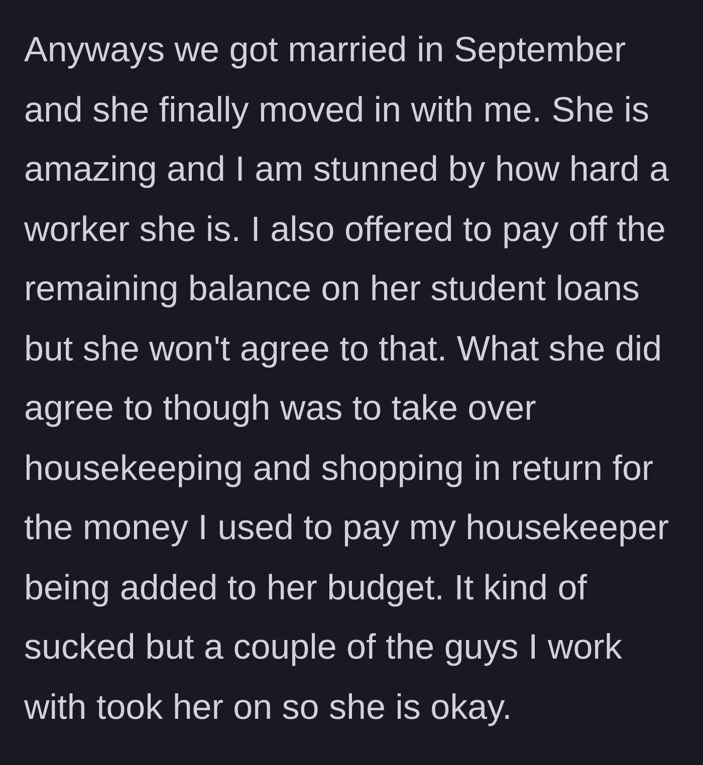 Story part 3 - The couple agreeing that the wife will take the housekeeper's budget in exchange for doing the chores herself.