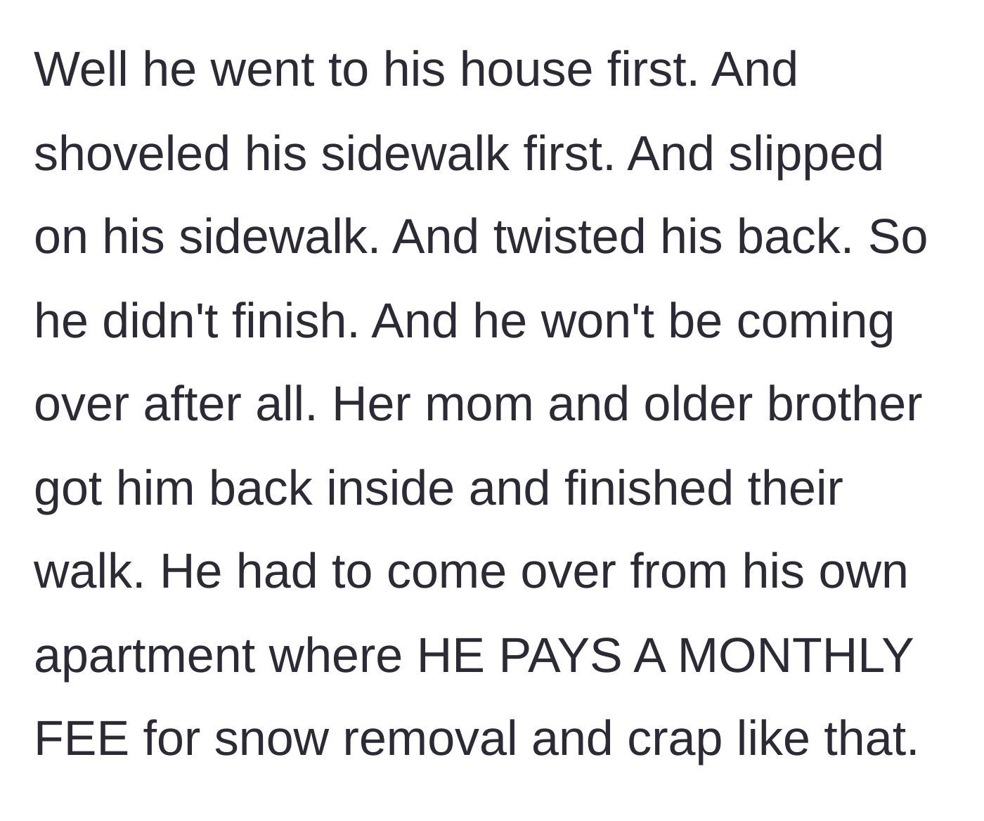 Story part 9 - The father-in-law slipping on ice at his own house and twisting his back before he could even leave.