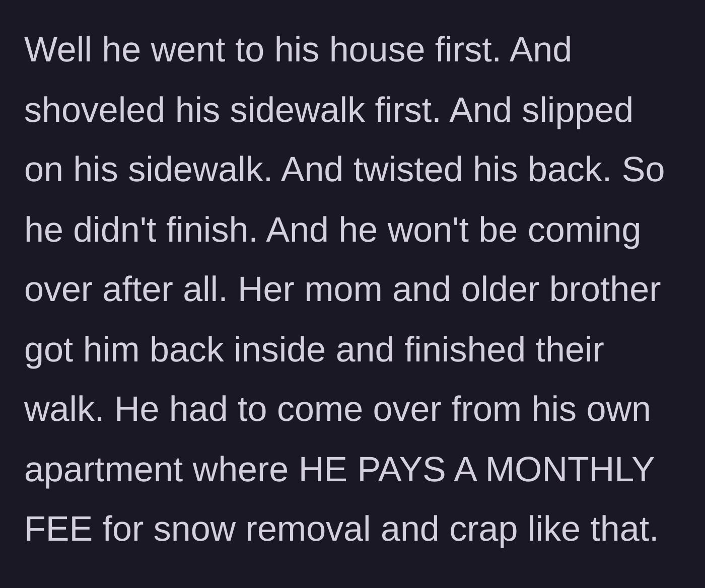 Story part 9 - The father-in-law slipping on ice at his own house and twisting his back before he could even leave.