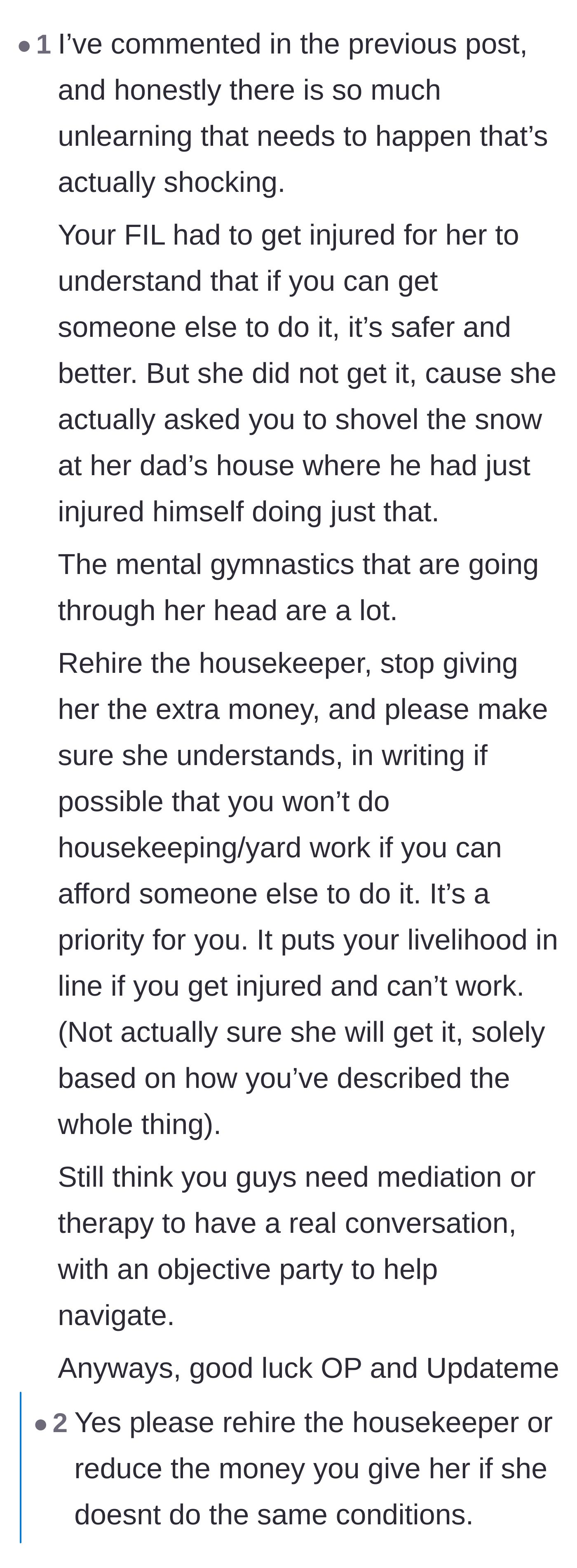 Comment thread 3 - A debate analyzing the mental gymnastics and expectations that make the wife equate manual labor with moral value.