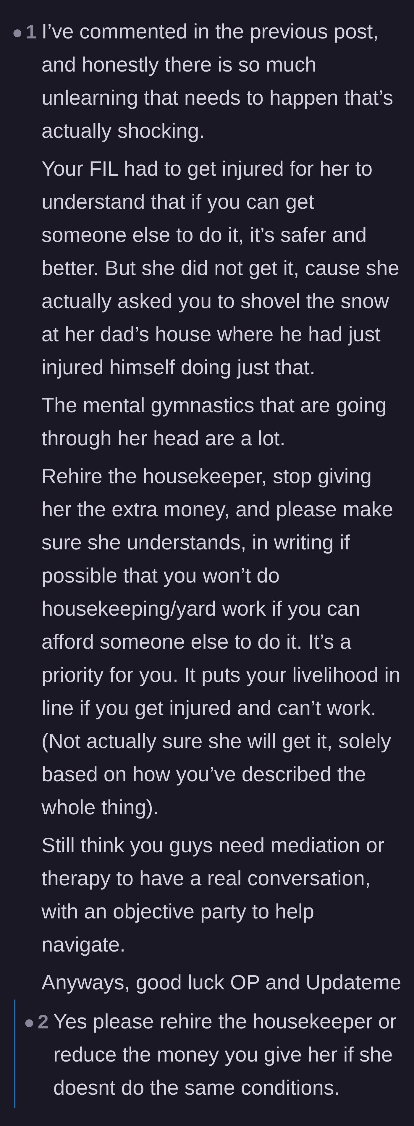 Comment thread 3 - A debate analyzing the mental gymnastics and expectations that make the wife equate manual labor with moral value.