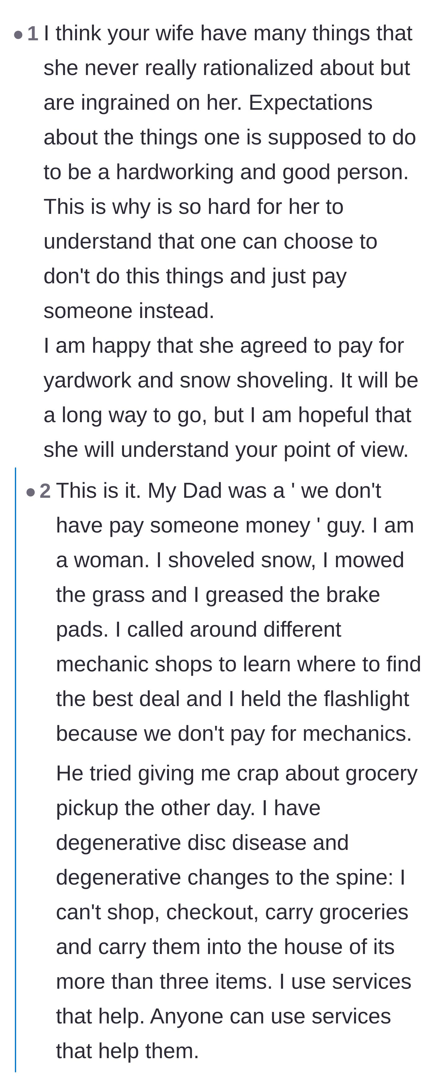Comment thread 4 - An extensive discussion sharing personal stories about unlearning family habits and embracing paid conveniences like grocery pickup.