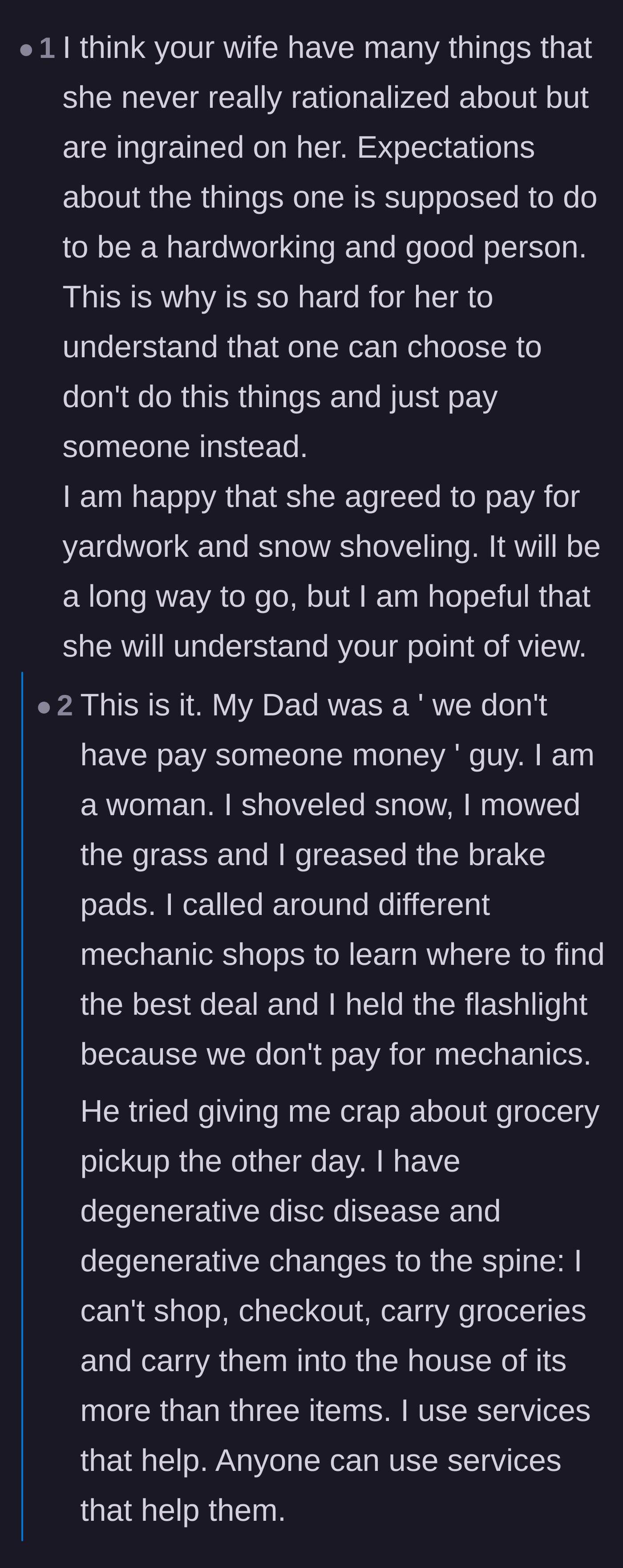 Comment thread 4 - An extensive discussion sharing personal stories about unlearning family habits and embracing paid conveniences like grocery pickup.