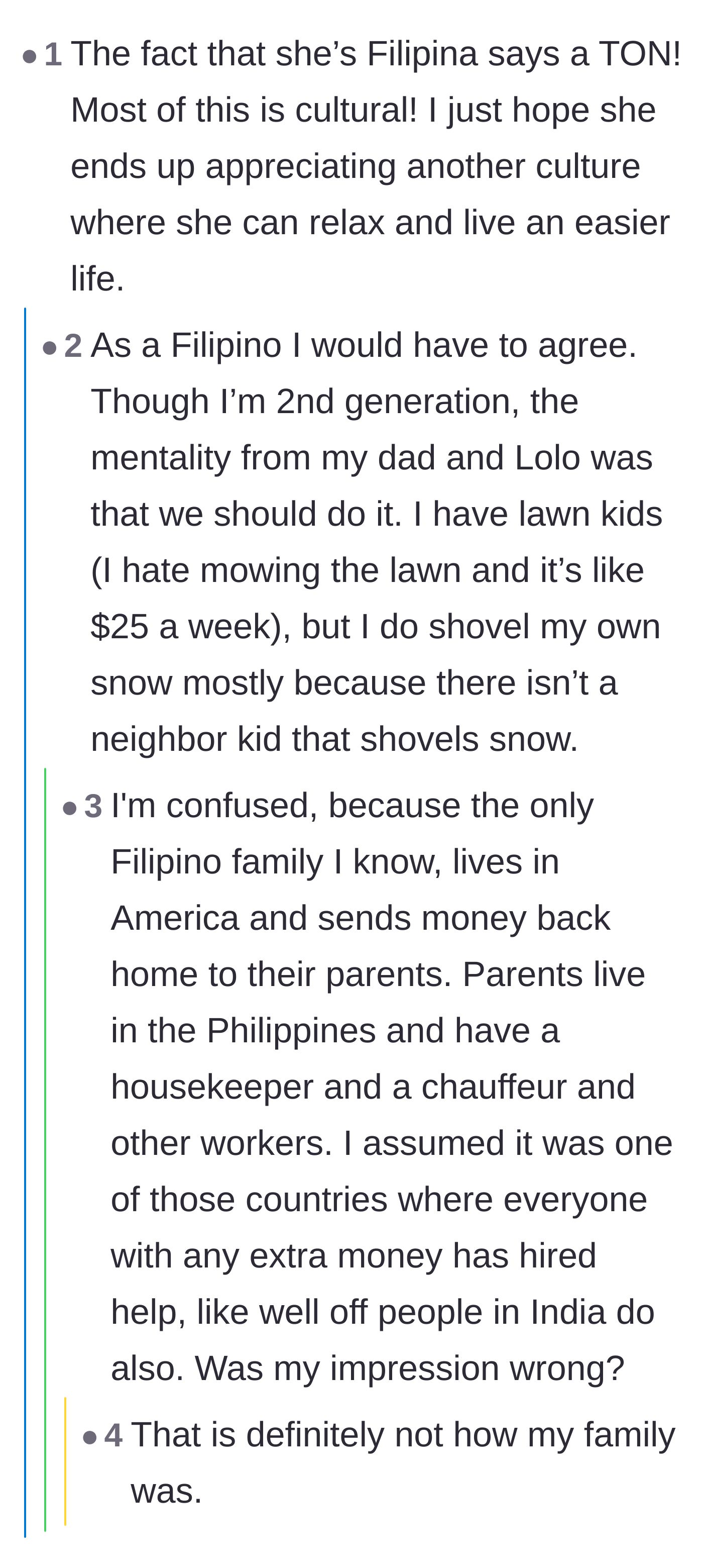 Comment thread 5 - A conversation about the specific cultural expectations regarding hired household help in Filipino families.