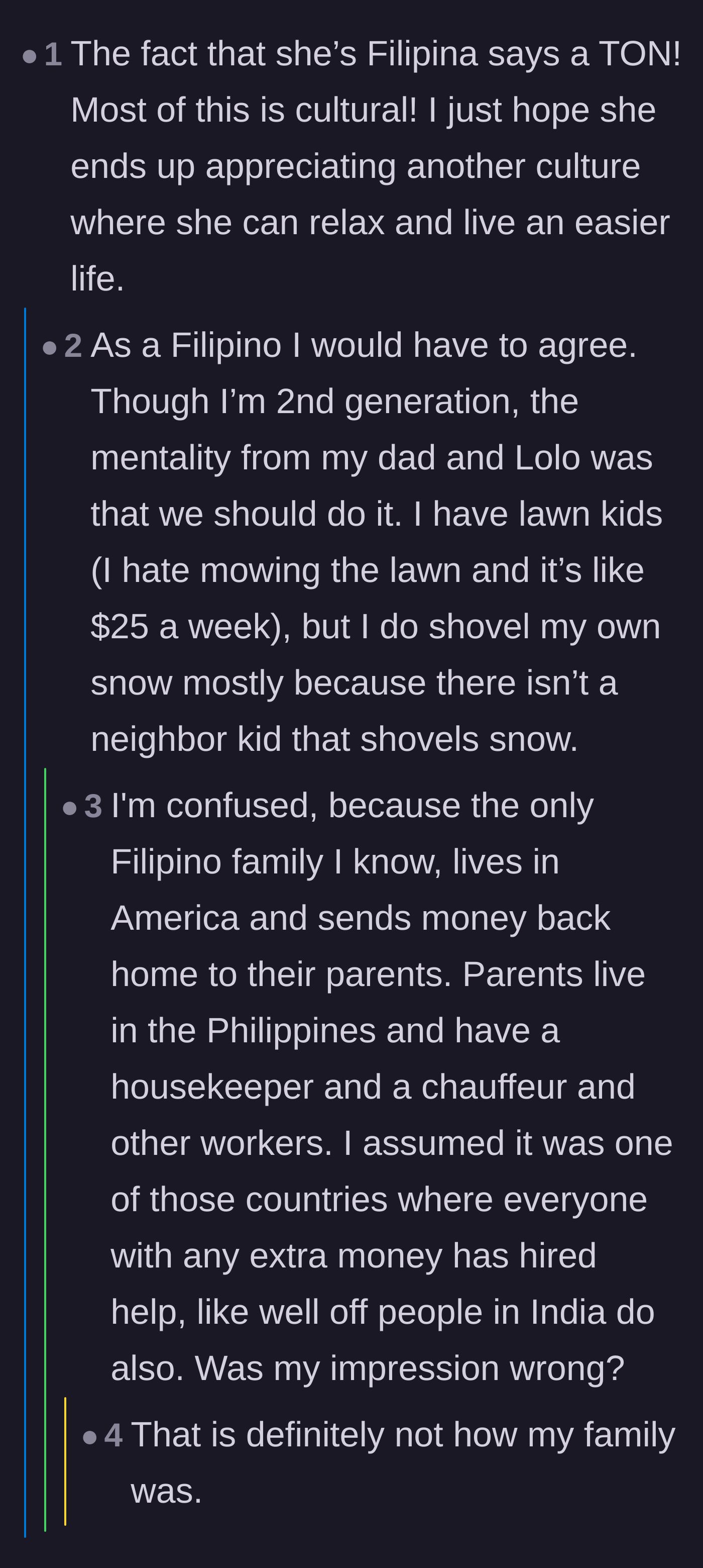 Comment thread 5 - A conversation about the specific cultural expectations regarding hired household help in Filipino families.