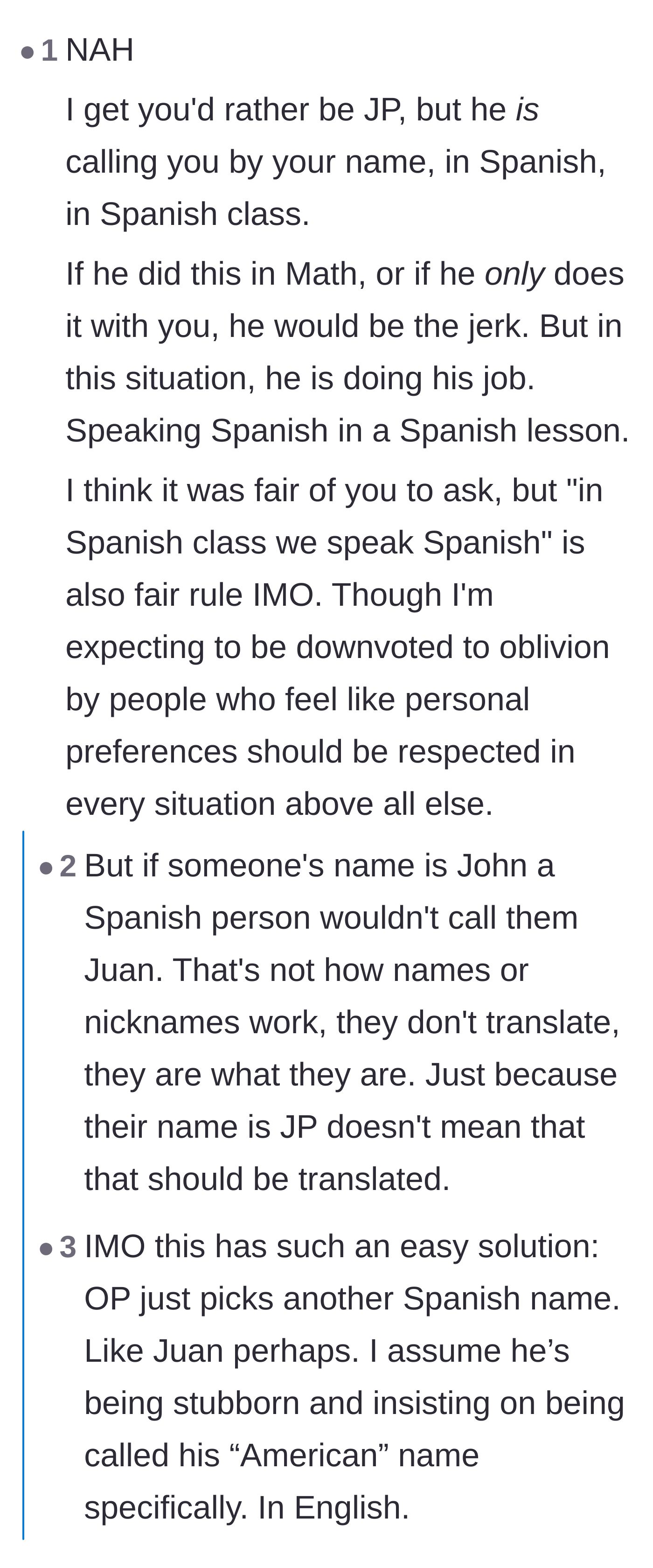 Comment thread 3 - A measured take defending the teacher's immersion rule and pointing out that it is standard curriculum, not a personal attack.