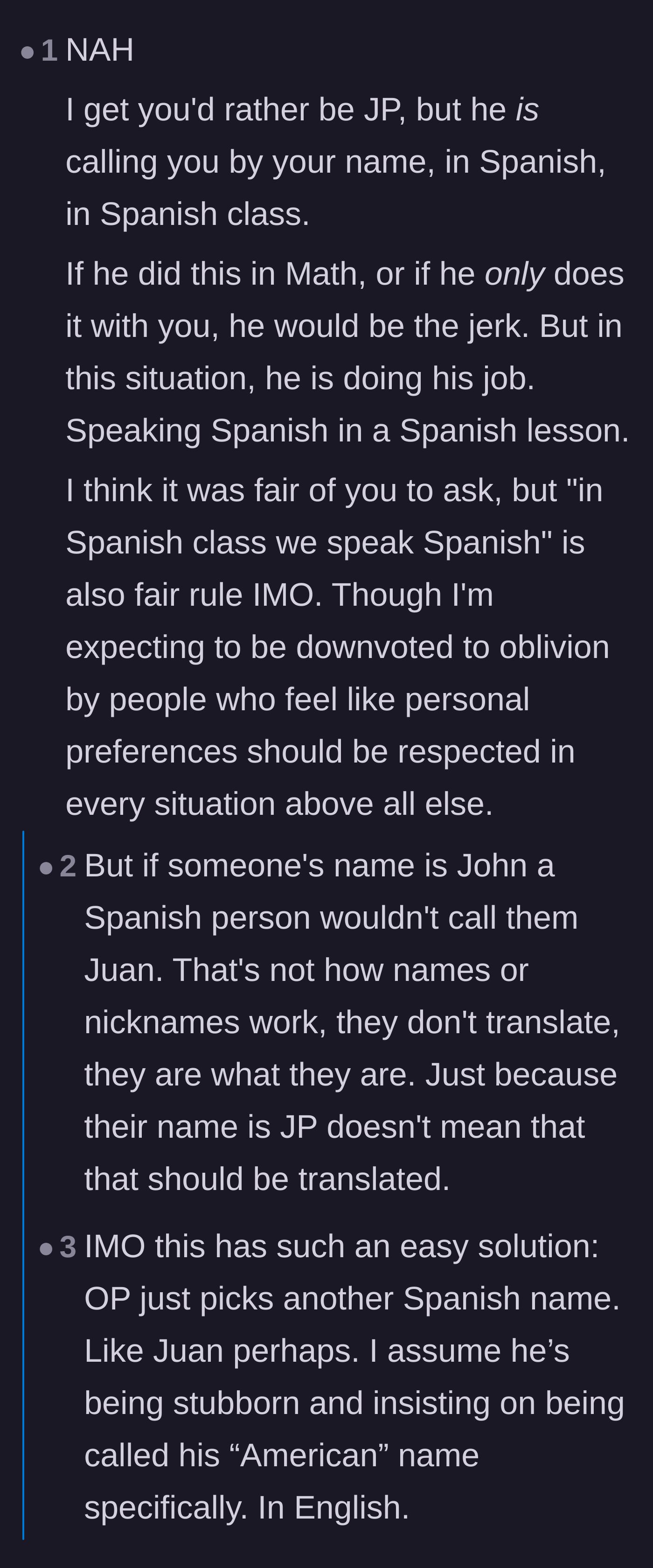 Comment thread 3 - A measured take defending the teacher's immersion rule and pointing out that it is standard curriculum, not a personal attack.