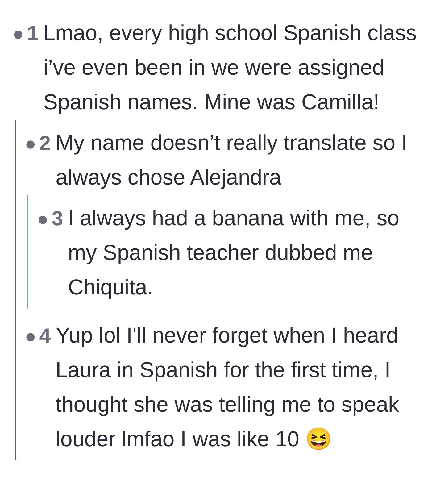 Comment thread 4 - Readers cheerfully sharing the random, sometimes ridiculous Spanish names they were assigned in high school, including 'Chiquita'.