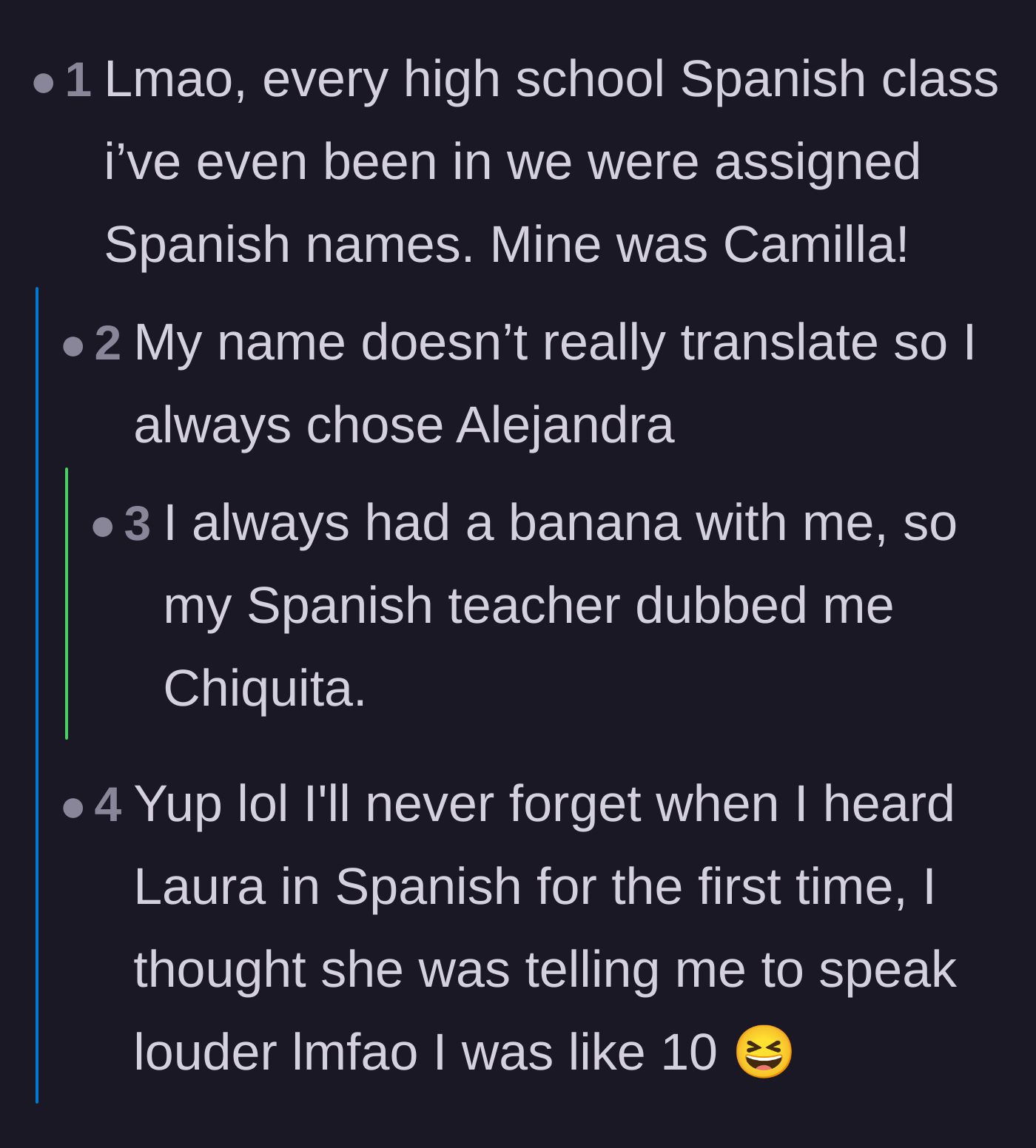 Comment thread 4 - Readers cheerfully sharing the random, sometimes ridiculous Spanish names they were assigned in high school, including 'Chiquita'.