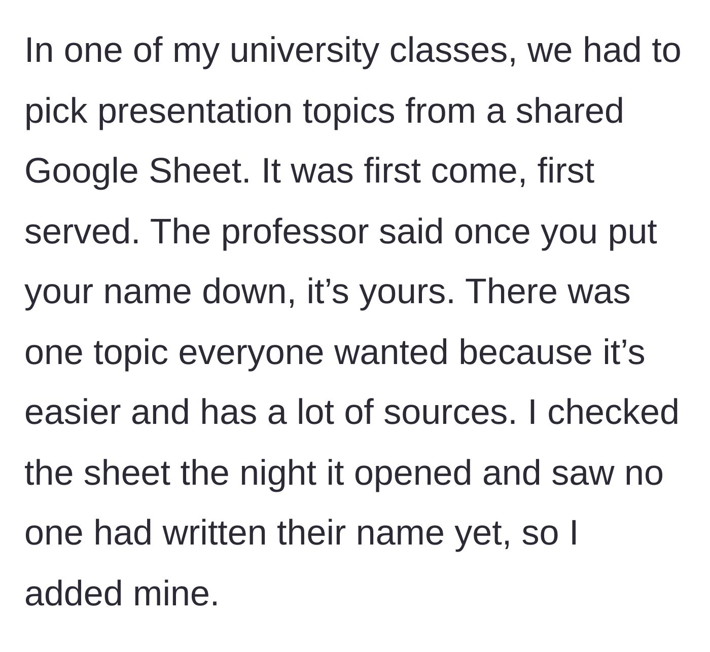 Story part 1 - A spreadsheet showing a student adding their name to a blank presentation sign-up sheet.