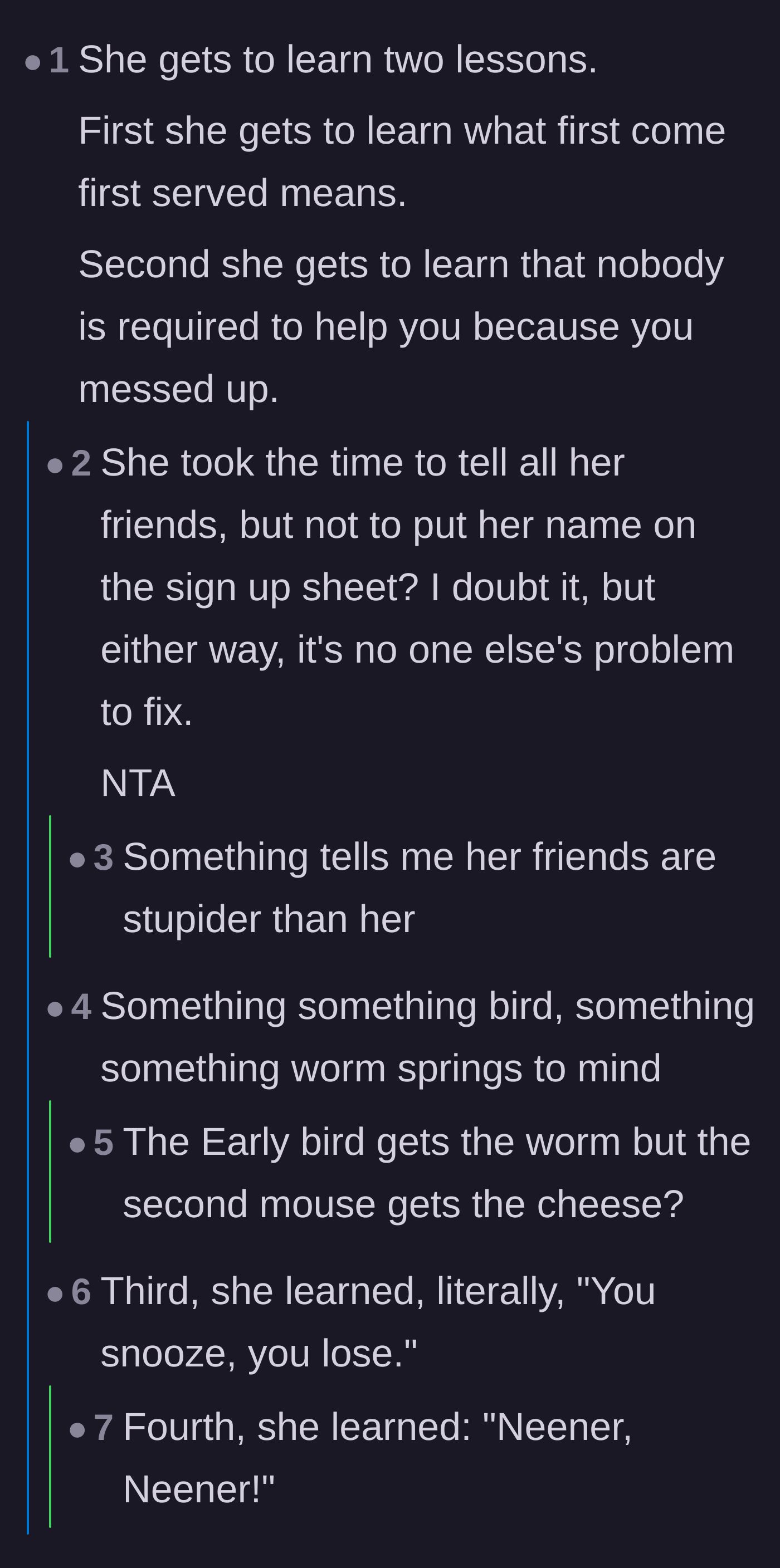Comment thread 2 - A breakdown of the harsh life lessons the entitled student is learning about accountability and procrastination.