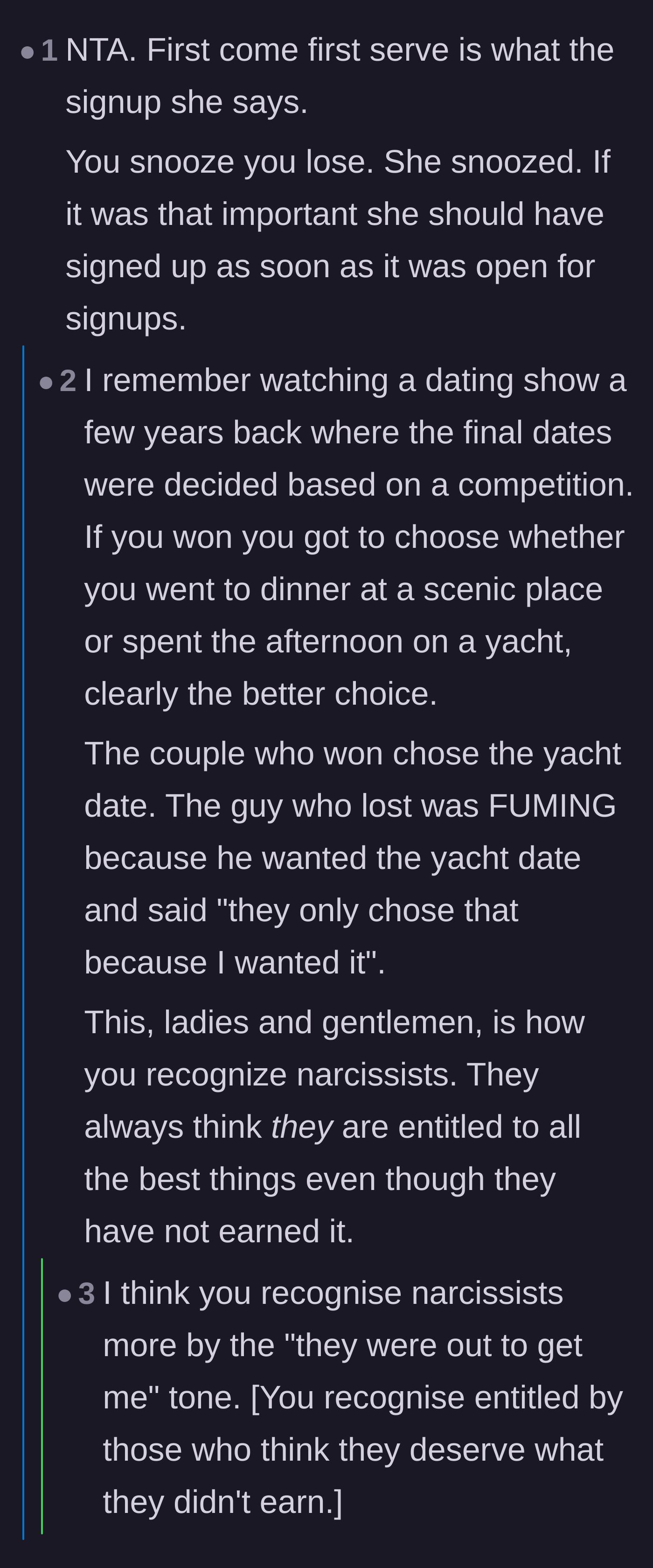 Comment thread 6 - A comparison between the classmate's behavior and the entitled reactions often seen on reality television competitions.